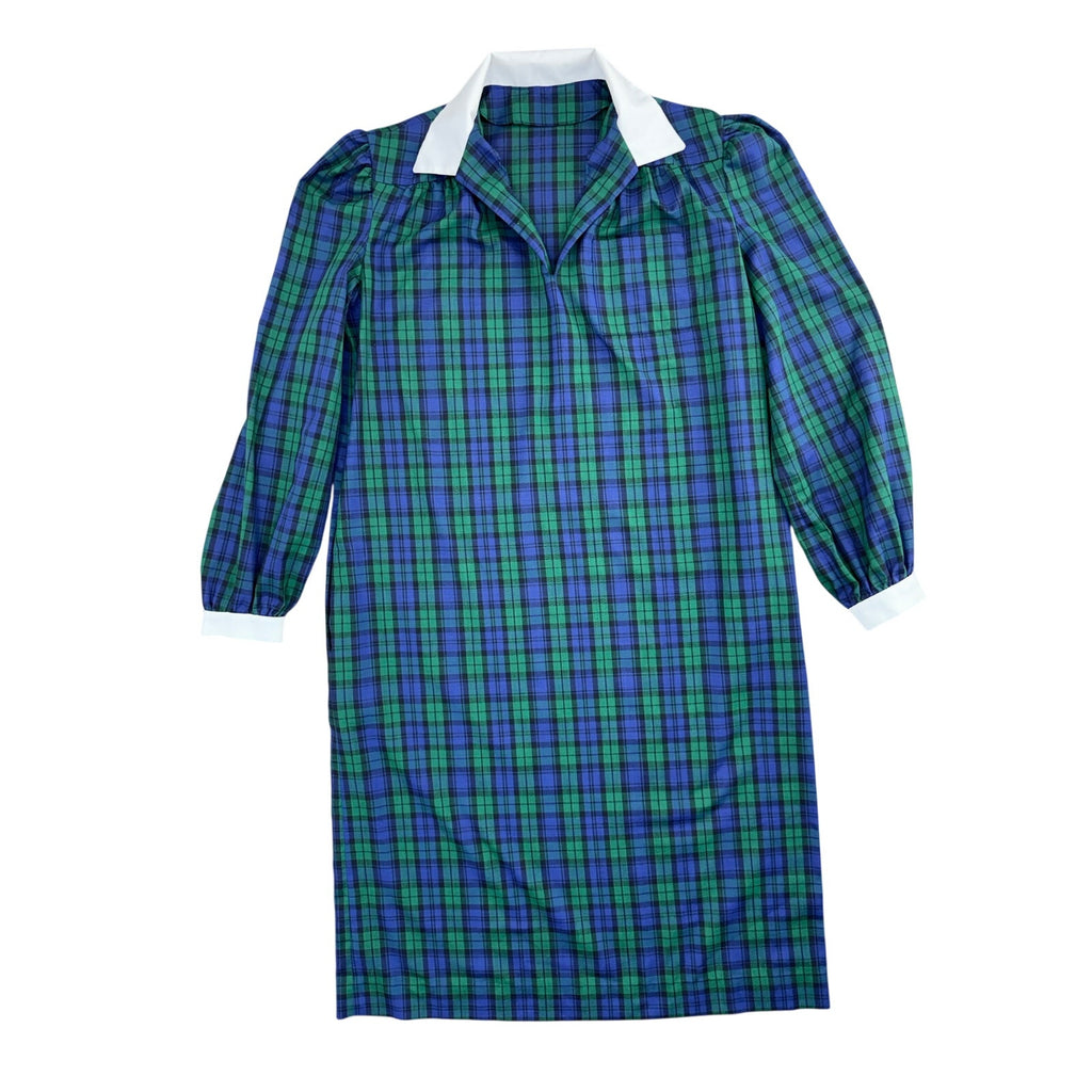 Vintage 70s Home Sewn Plaid Midi Dress Navy Green Cotton Pockets Women's Large