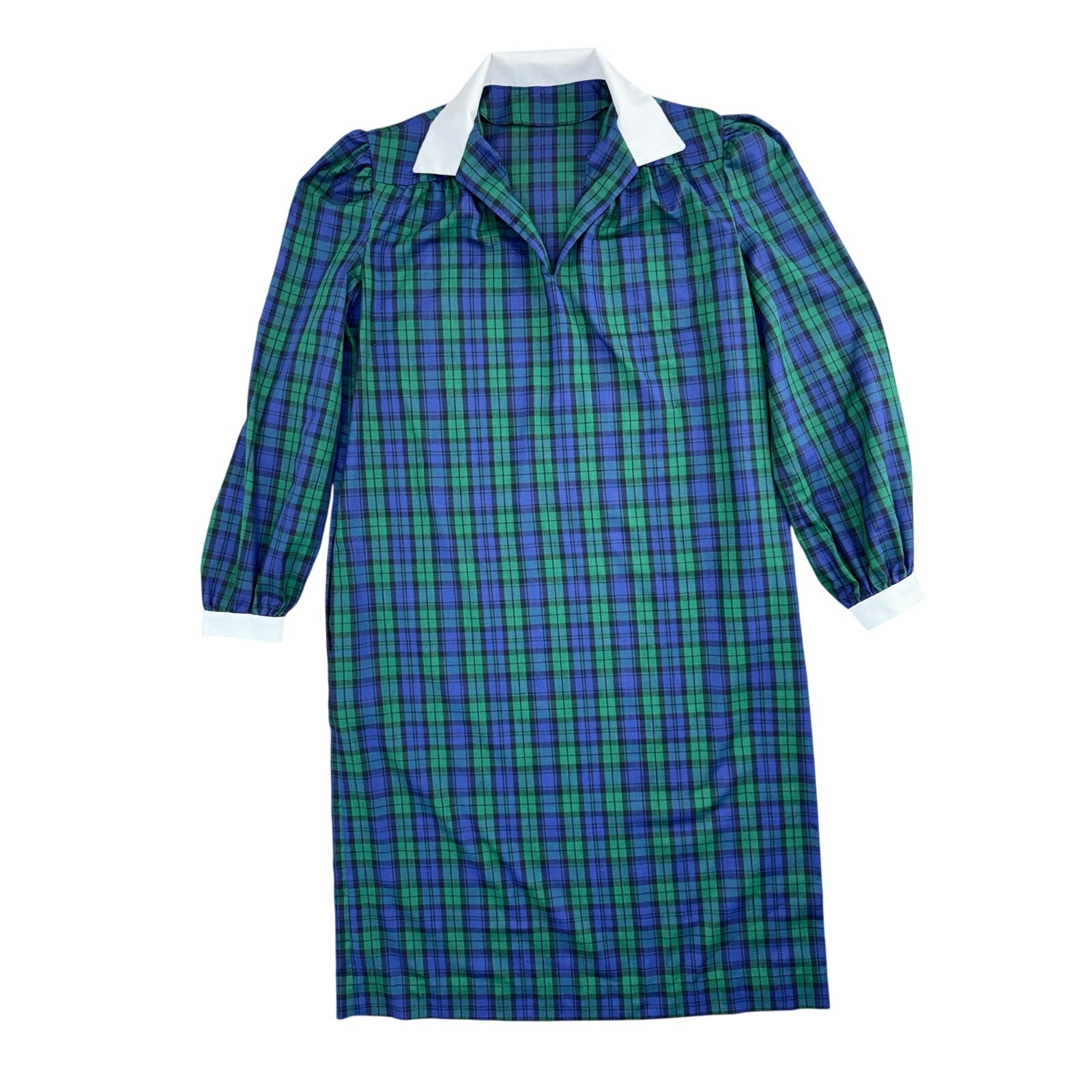 Vintage 70s Home Sewn Plaid Midi Dress Navy Green Cotton Pockets Women's Large