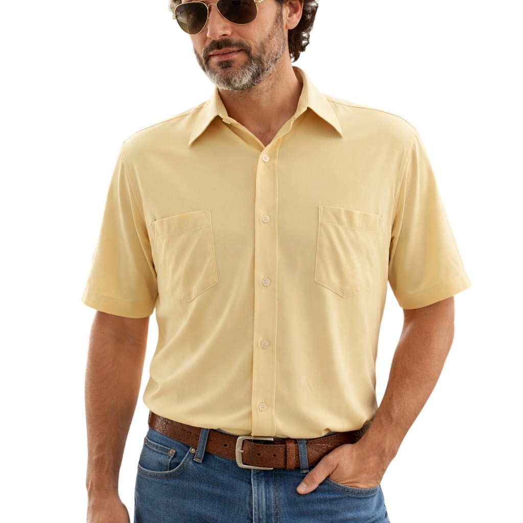 Vintage 70s Mens Large Montgomery Ward Gold Poly Knit Shirt 46 Chest