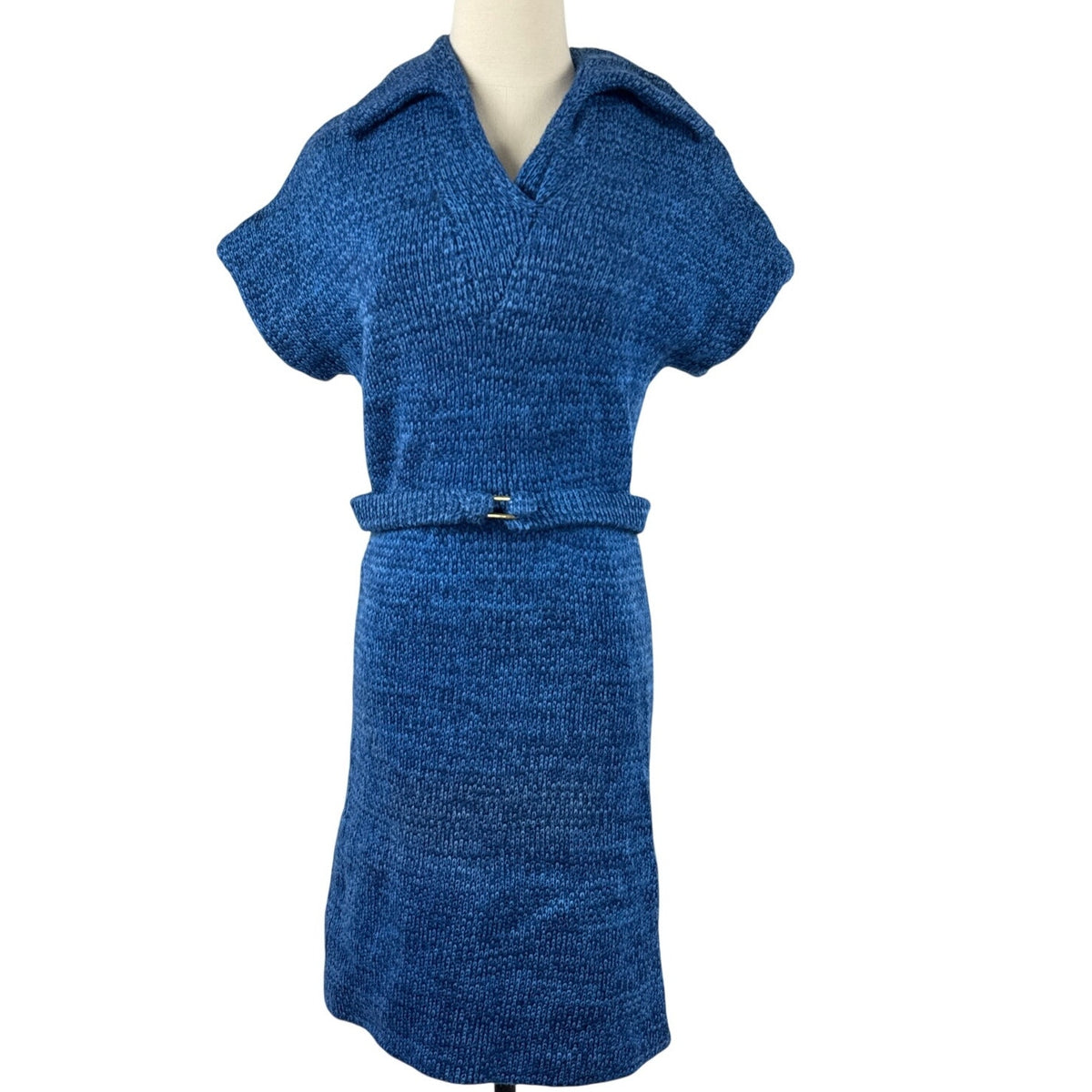 Vintage 60s Blue Acrylic Knit Belted Mod Sheath Dress Women’s XS