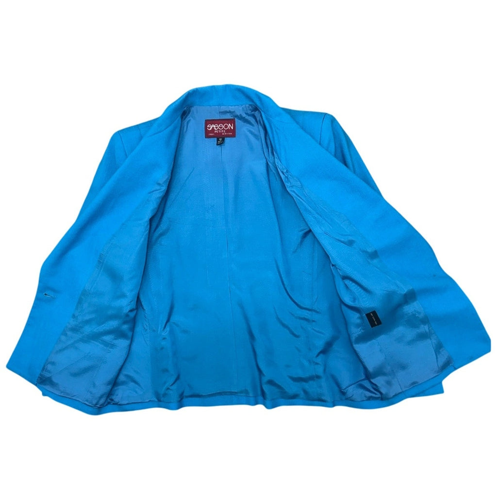 Vintage 80s Sasson Petite Women's 12 Blue Blazer Jacket Shoulder Pads