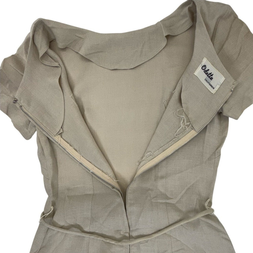 Vintage 1960s Odette Linen Blend Sheath Dress Beige Belted Women's XS