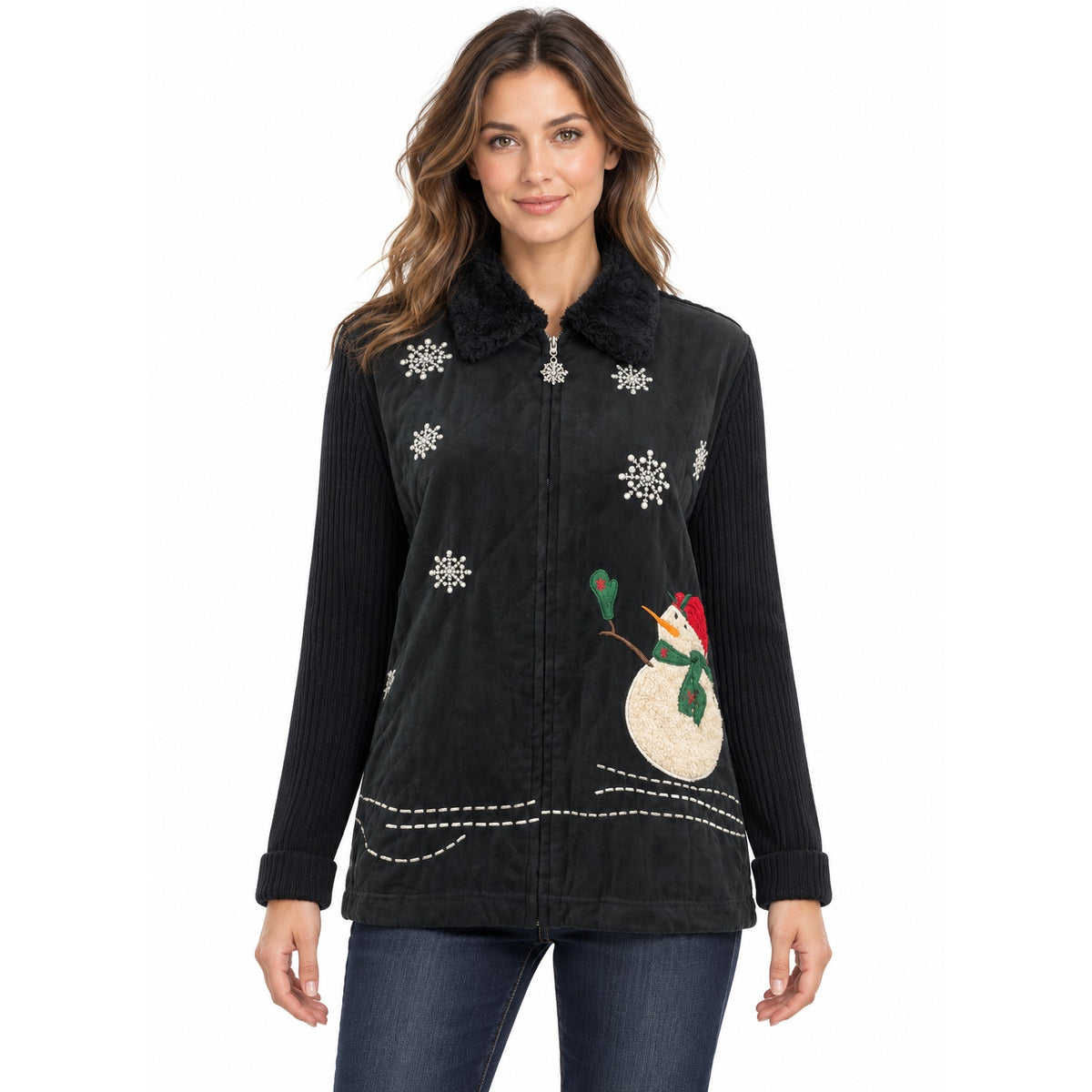 Vintage 80s Breckenridge Black Snowman Christmas Zip Cardigan Women’s 1X