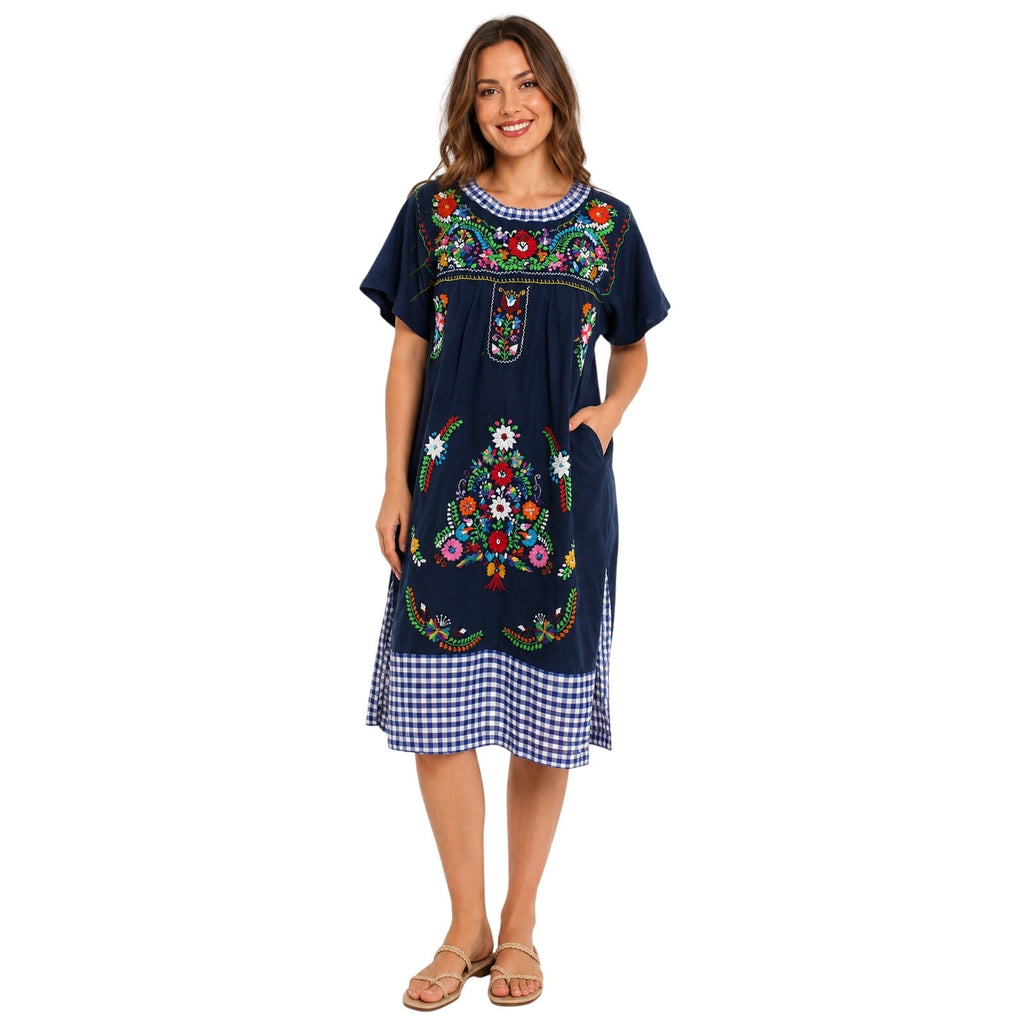 Vintage 70s Huipil Embroidered Floral Navy Cotton Lounge Dress Women's M/L
