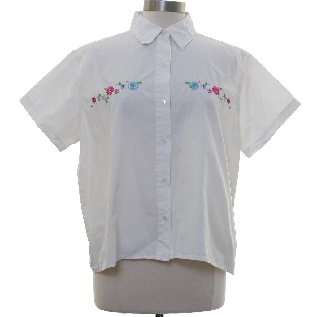Vintage 90s White Embroidered Floral Cotton Button Front Blouse Women's M/L