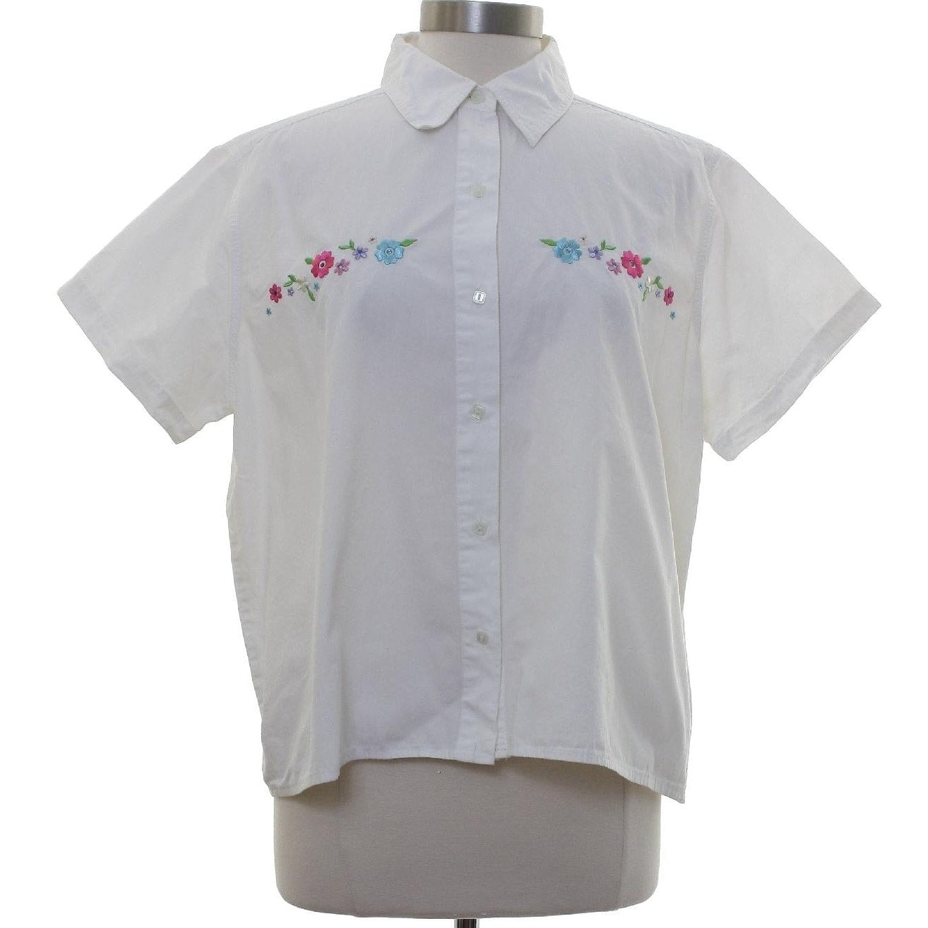 Vintage 90s White Embroidered Floral Cotton Button Front Blouse Women's M/L