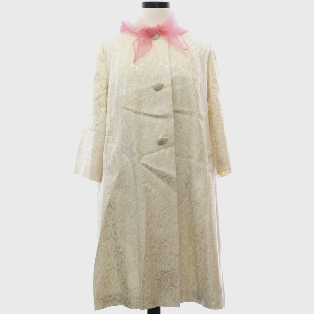 Vintage 60s Women’s XL Cream Flocked Paisley Coat Rayon A-Line Chiffon Scarf Trim