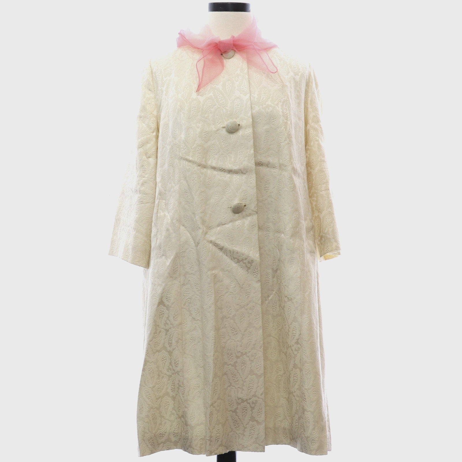 Vintage 60s Women’s XL Cream Flocked Paisley Coat Rayon A-Line Chiffon Scarf Trim