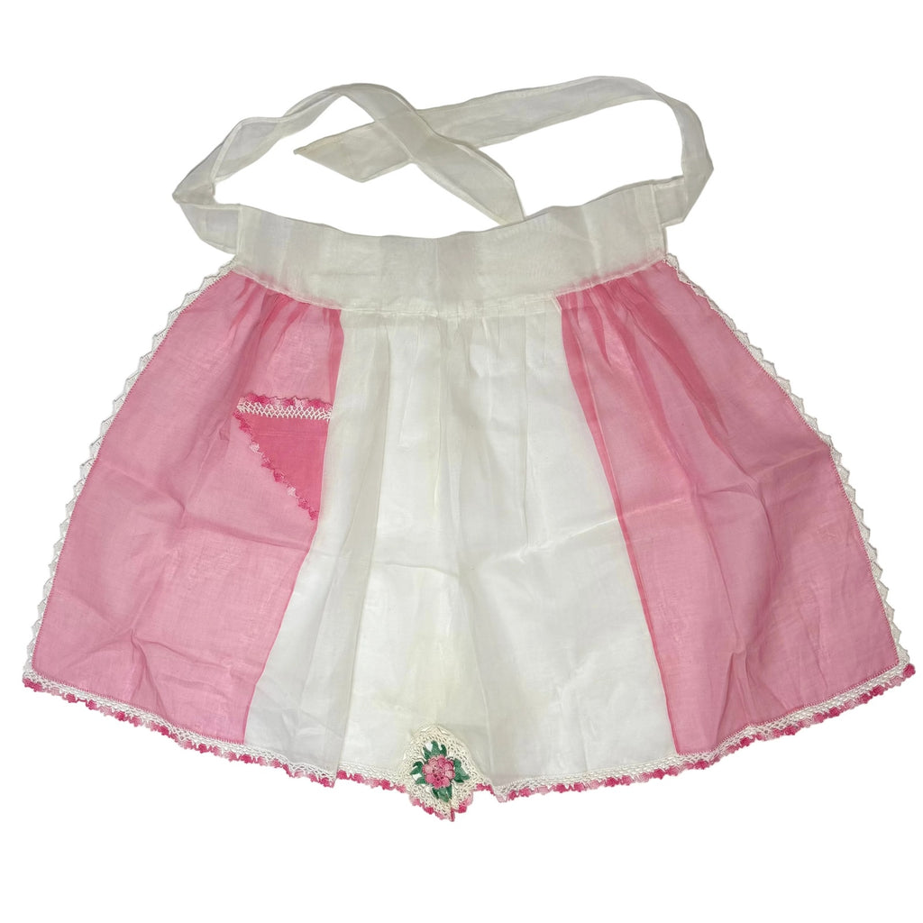 Vintage 60s Pink & White Sheer Crochet Trim Waist Apron Home Sewn