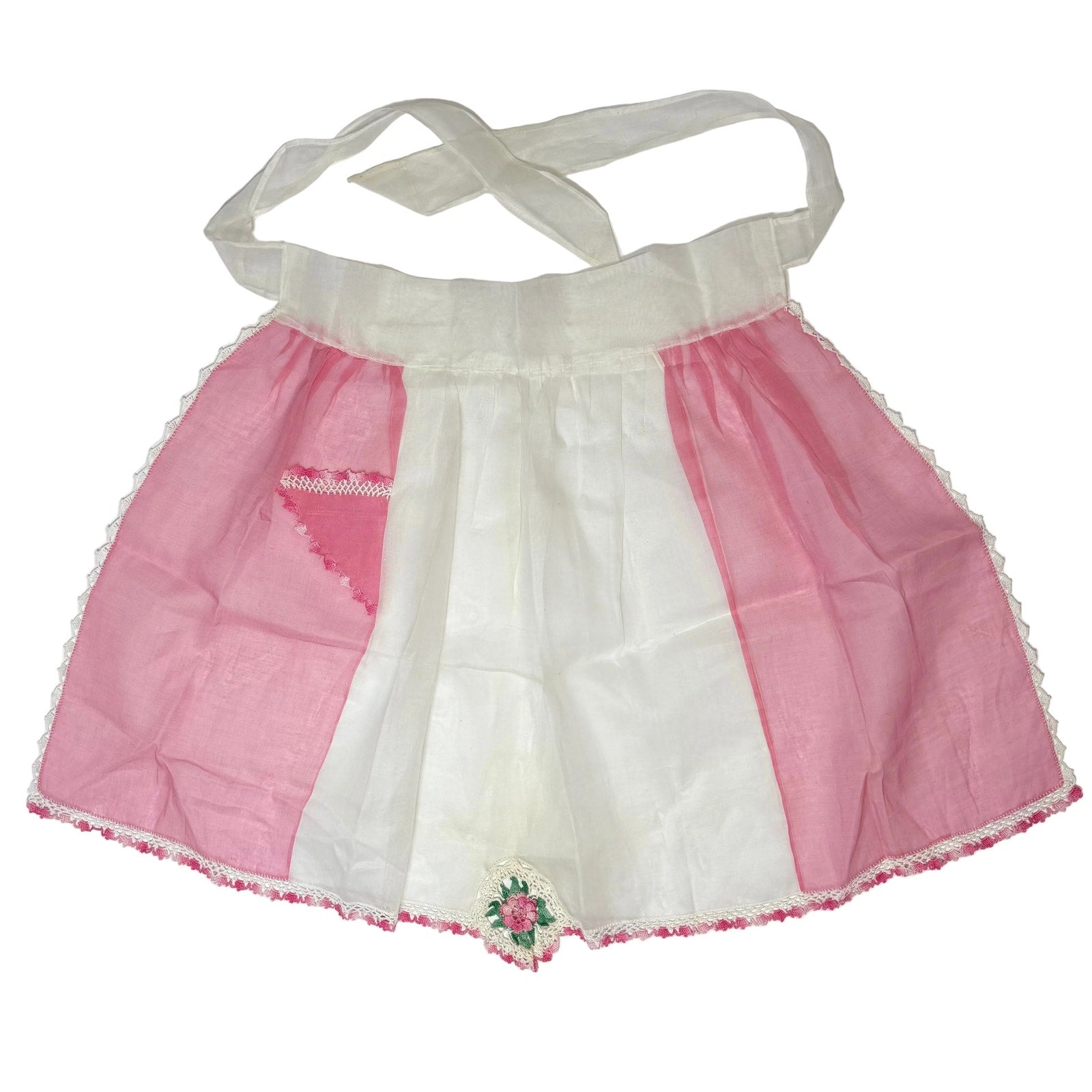 Vintage 60s Pink & White Sheer Crochet Trim Waist Apron Home Sewn