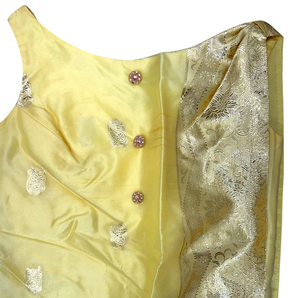 Vintage 70s Crest Room M&F Yellow Metallic Paisley Maxi Dress 34 Bust