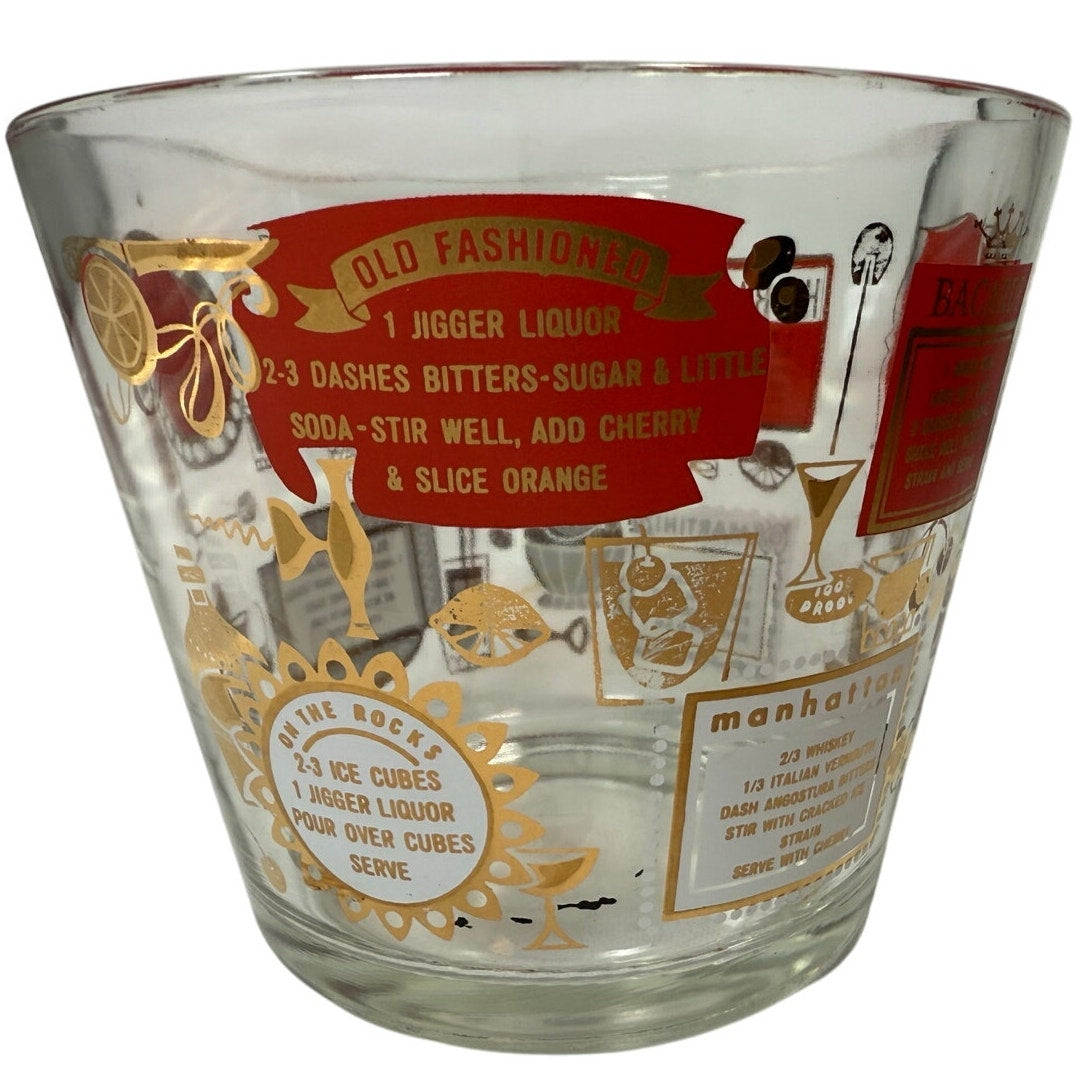 Vintage Jeannette Cocktail Ice Bucket 6” Barware Red & Gold Mid-Century Style