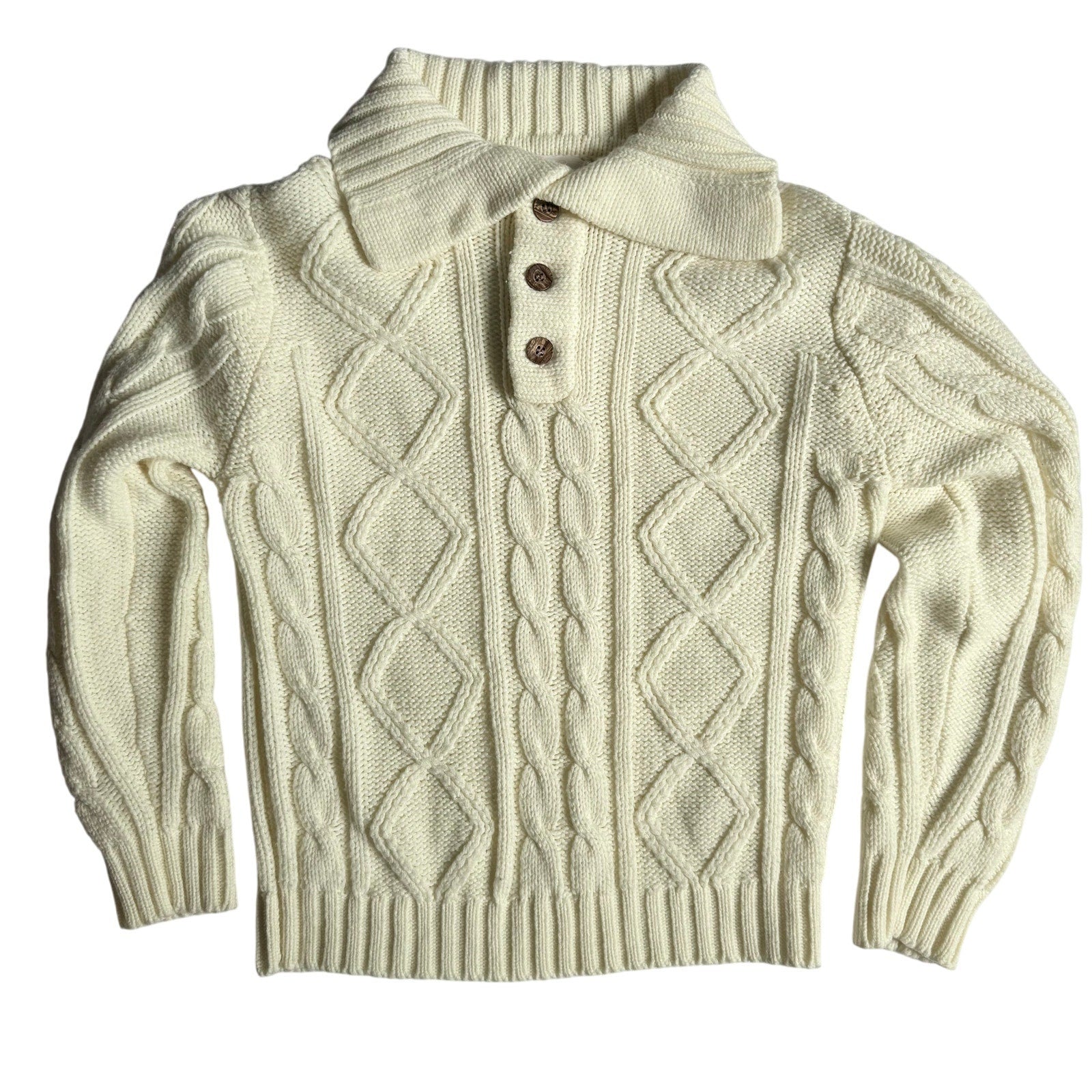 Vintage 70s Men's Medium Cream Cable Knit Sweater Acrylic Sears King Road
