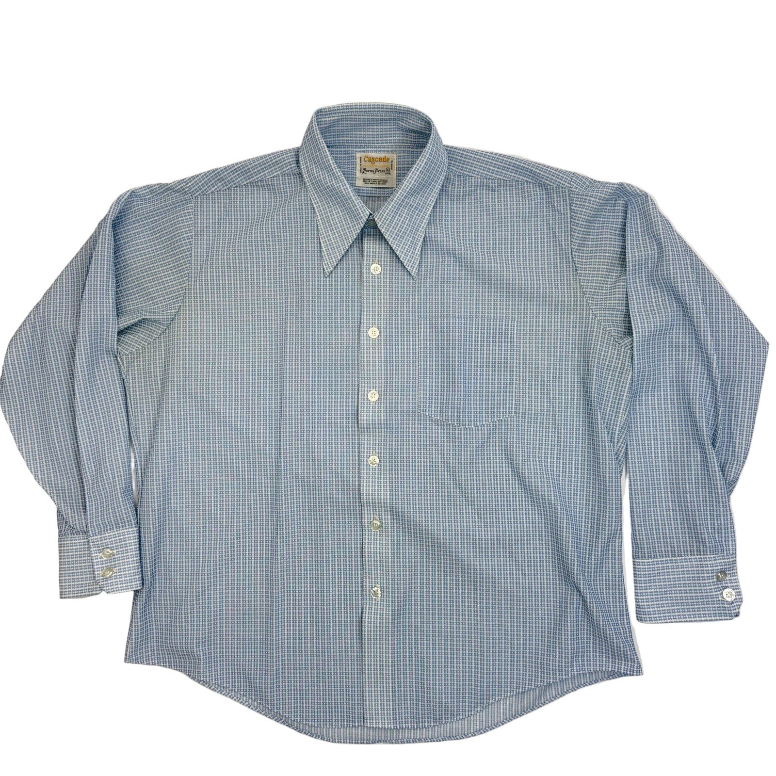 Vintage 70s Men's XL Cascade Blue Micro Check Shirt Disco Collar