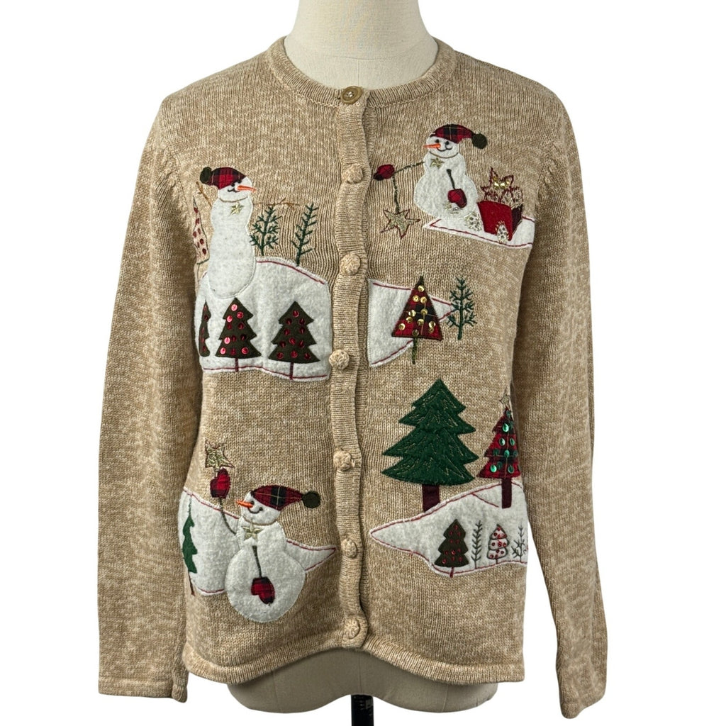 Vintage 80s Tiara International Tan Snowman Christmas Cardigan Women’s XL