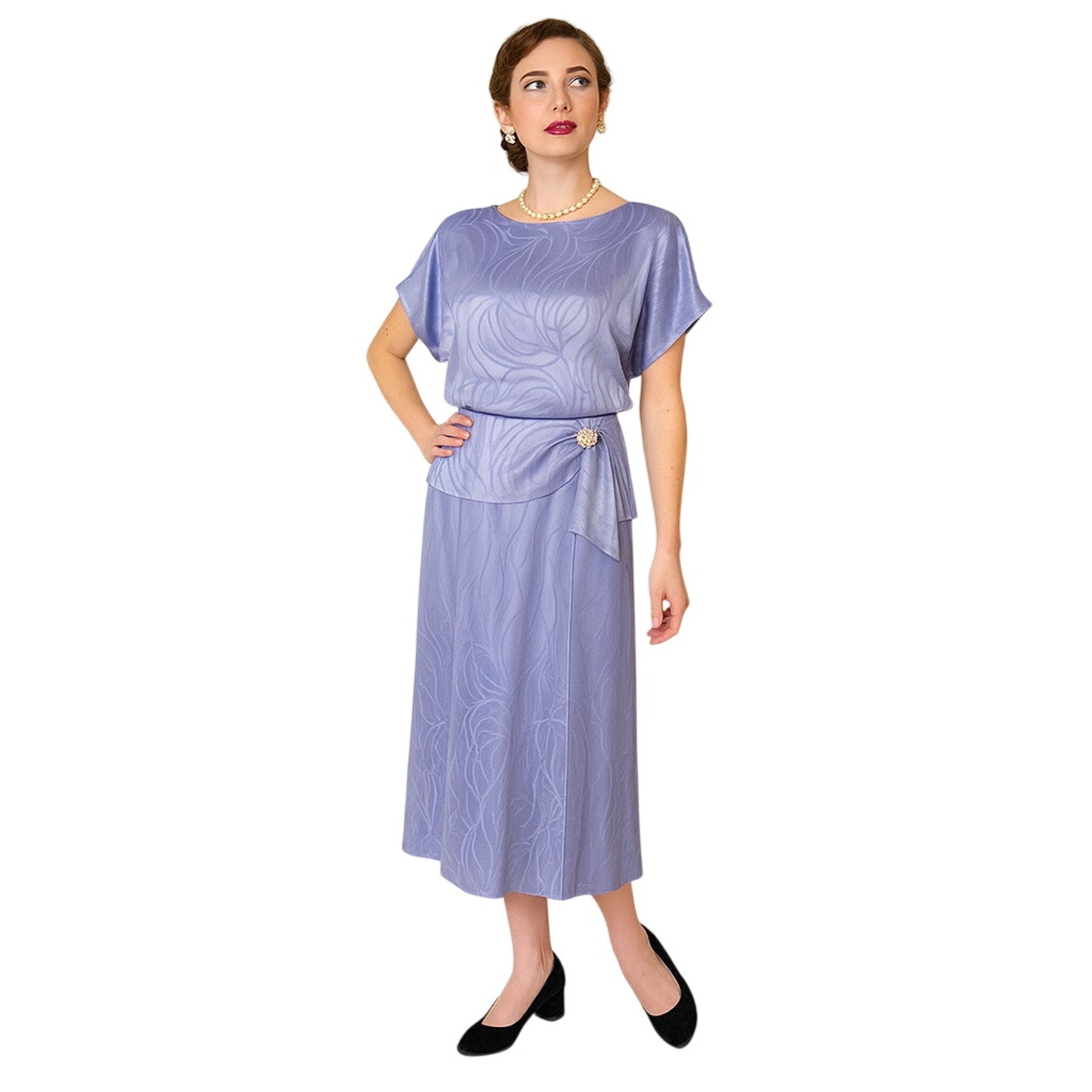 Vintage 80s Lavender Pleated Peplum Rhinestone Women's Medium Dress