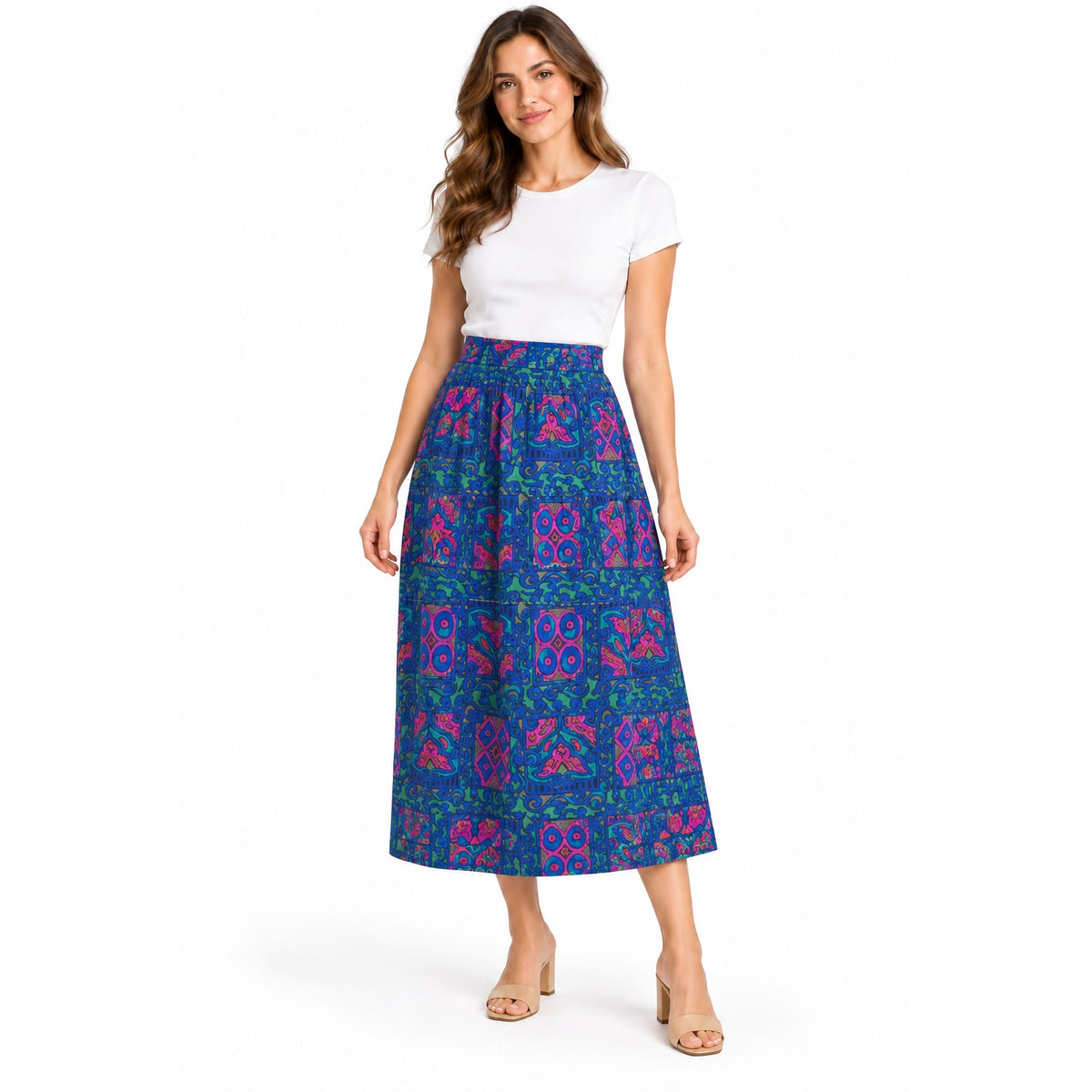 Vintage 80s Tofy Blue Pink Floral Rayon Midi Skirt Womens Size 6 USA