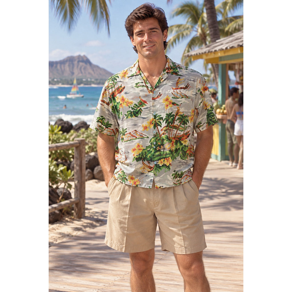 Vintage 90s Network Gray Rayon Hawaiian Canoe Floral Shirt Men's 2XL