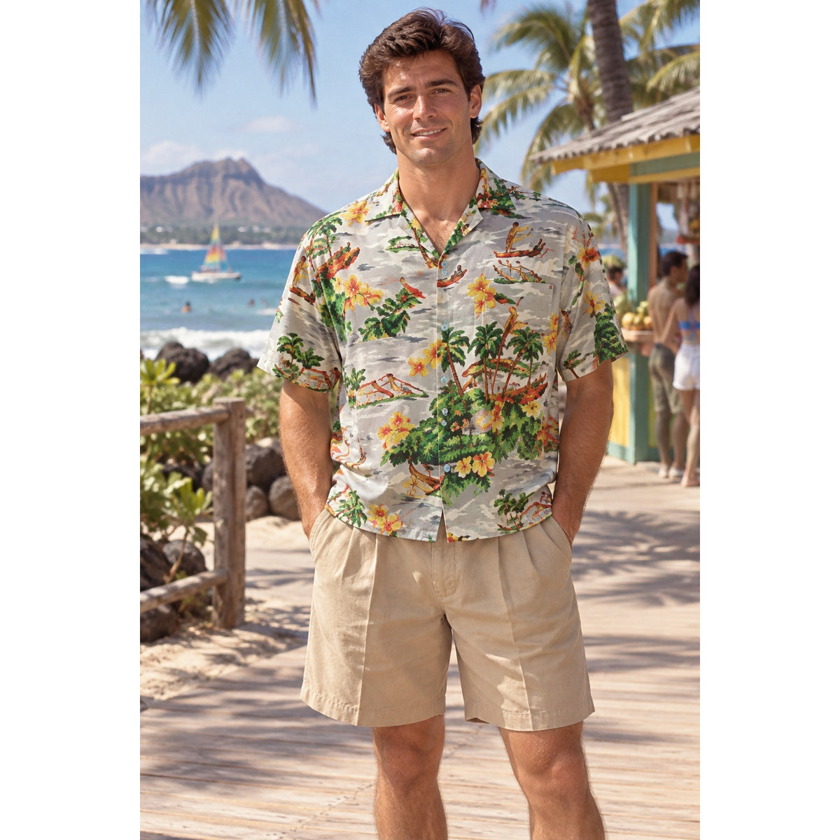 Vintage 90s Network Gray Rayon Hawaiian Canoe Floral Shirt Men's 2XL