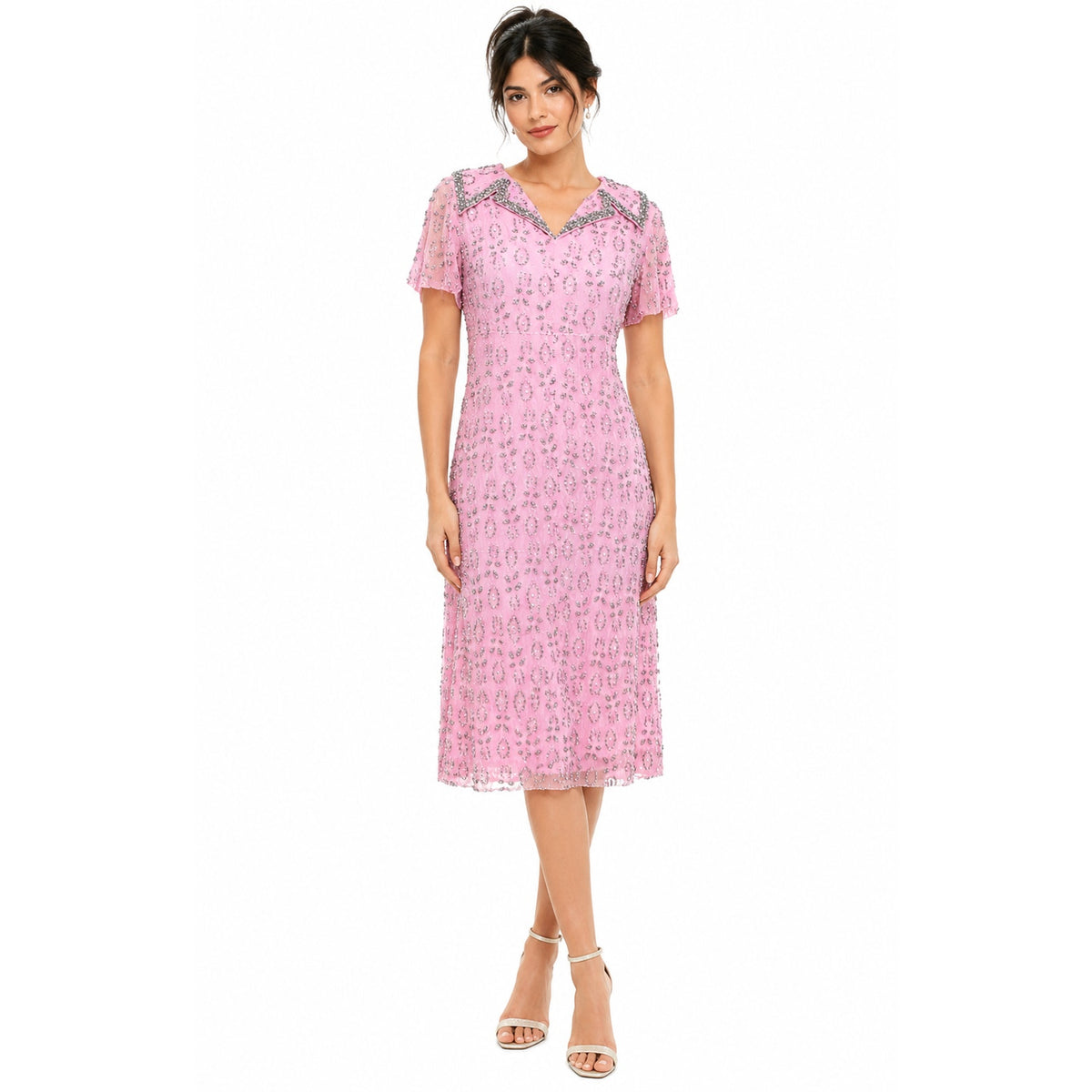 Vintage 70s Andora Hong Kong Pink Beaded Lace Sheath Dress Size 12