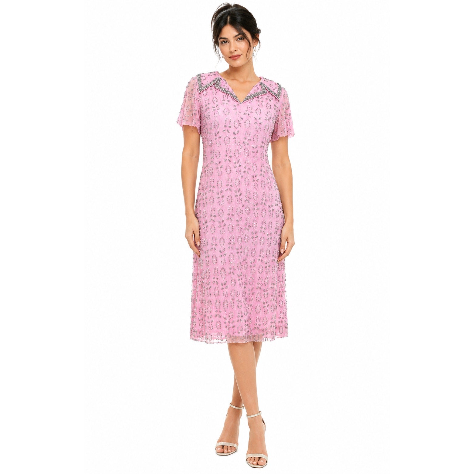 Vintage 70s Andora Hong Kong Pink Beaded Lace Sheath Dress Size 12