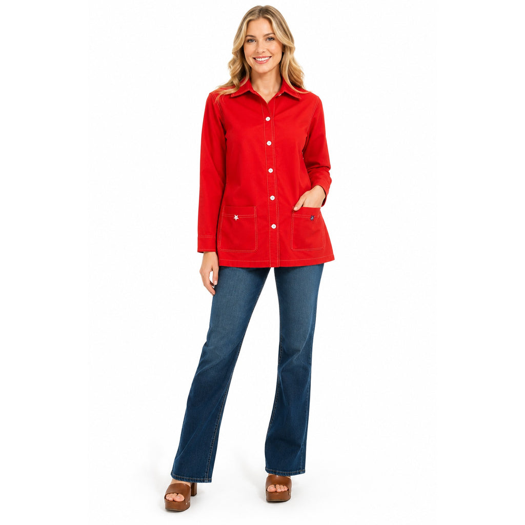 Vintage 70s Sears Red Smock Shirt Jacket Star Buttons Women's 42 Bust