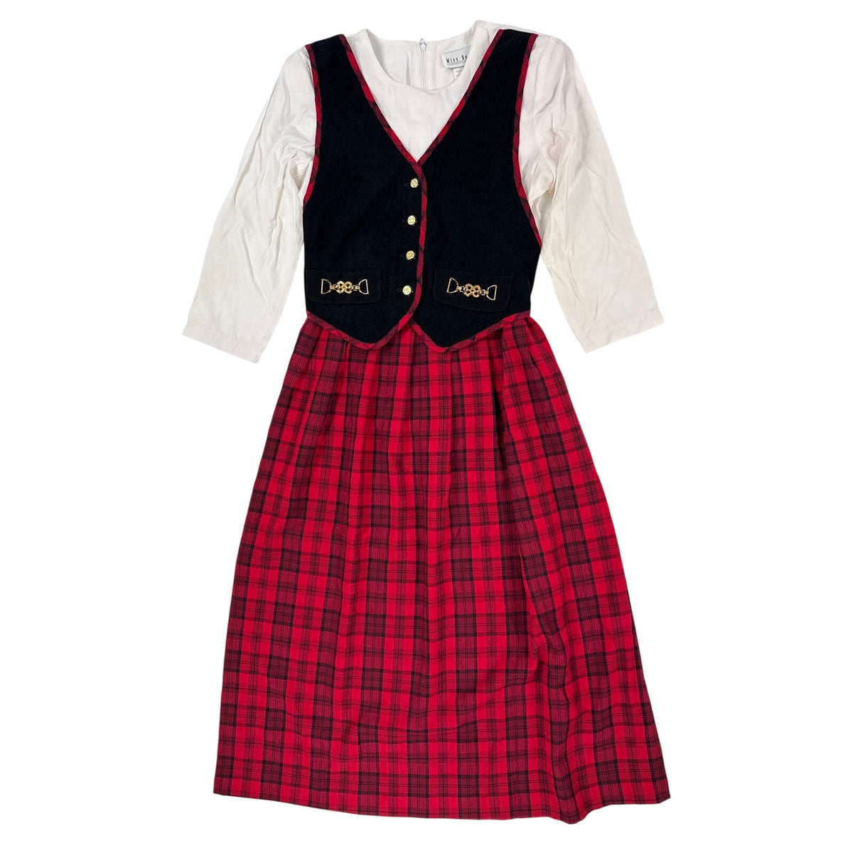 Vintage 80s Miss Dorby Plaid Faux Vest Pleated Midi Dress Women's Size 8