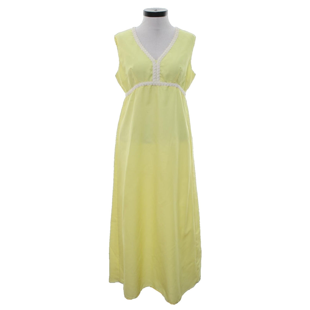 Vintage 70s Yellow Empire Waist Dress White Trim Sleeveless Midi