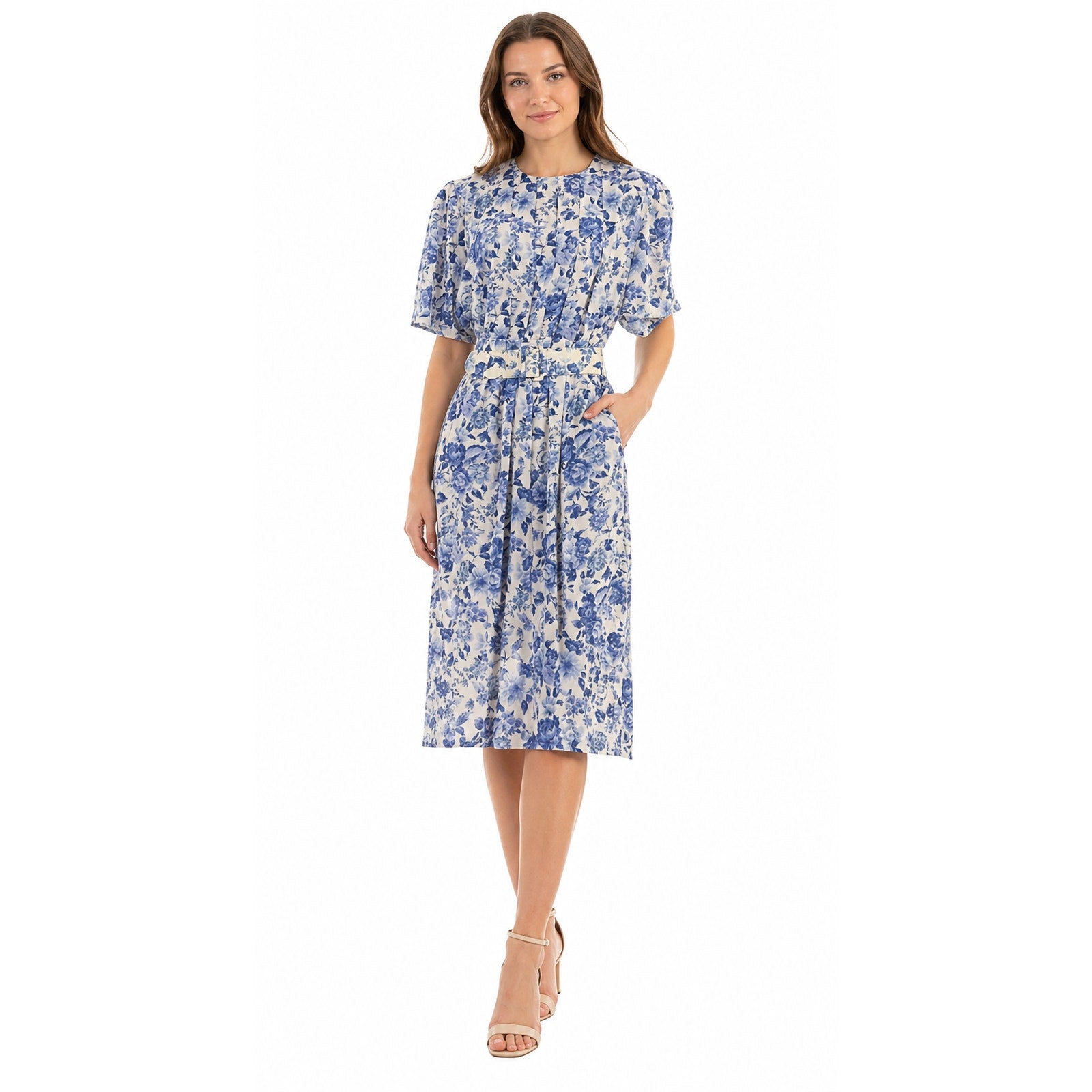 Vintage 90s Womens 12 Karin Stevens Blue Floral Rayon Midi Dress Belted