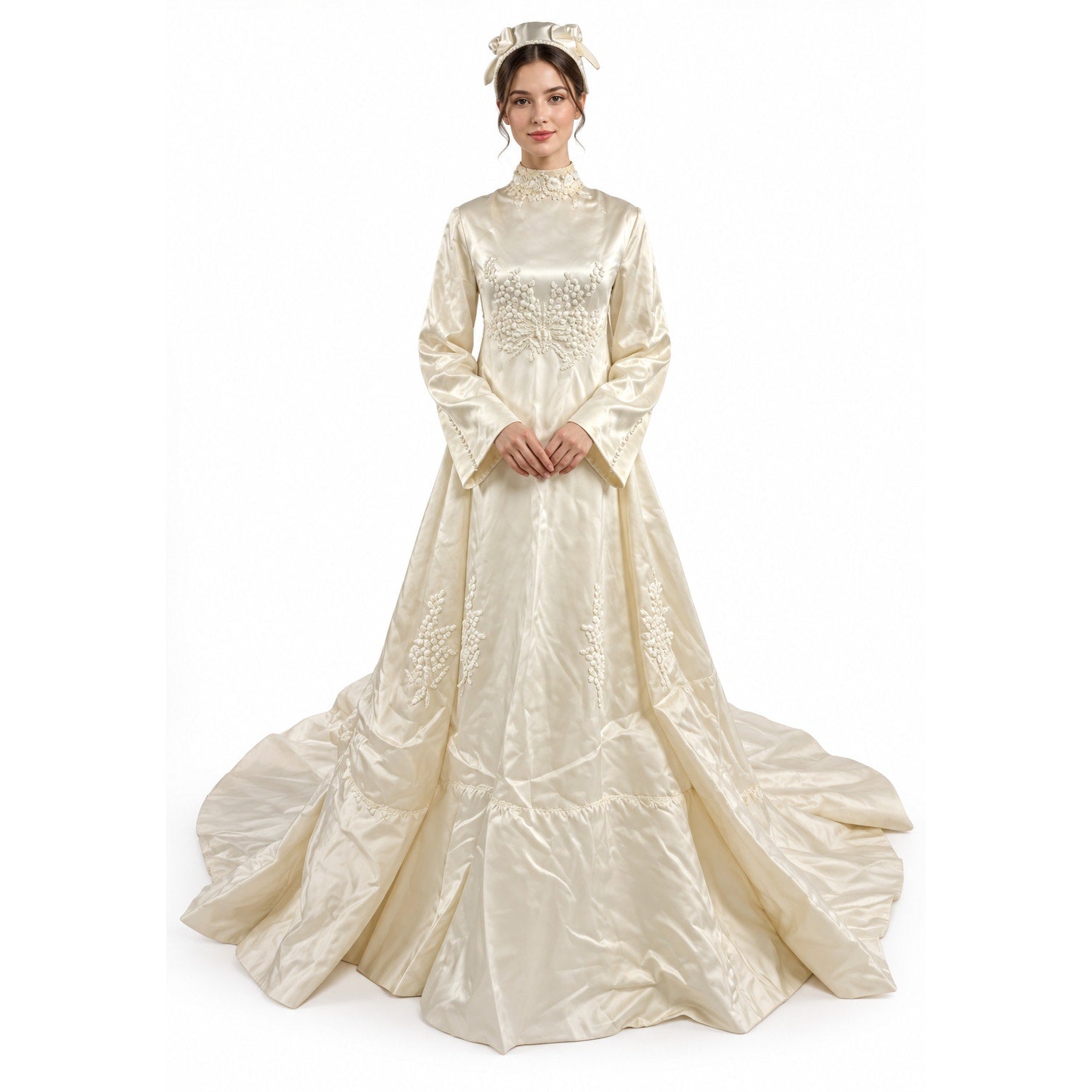 Vintage 1960s William Cahill Ivory Satin Wedding Dress Train Women's XS