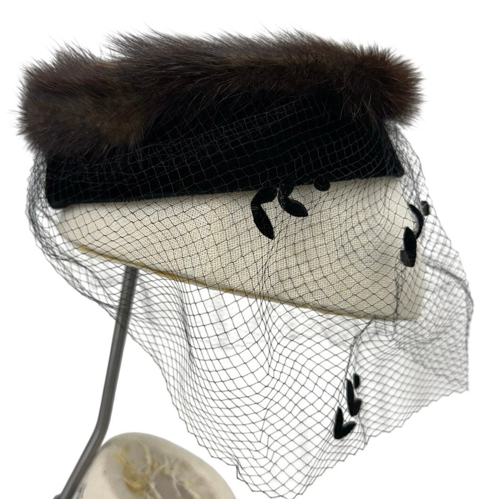 Vintage 1960s Brown Fur Ring Hat Black Velvet Veil Fascinator