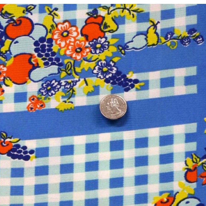 Vintage 60s Fabric Blue Fruit Gingham Cotton Fabric Panel 91x48 MCM