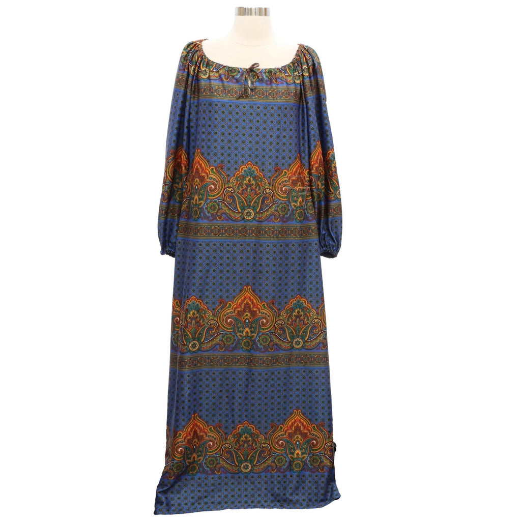 Vintage 1970s Navy Paisley Fleur de Lis Boho Maxi Lounge Dress Women's Medium