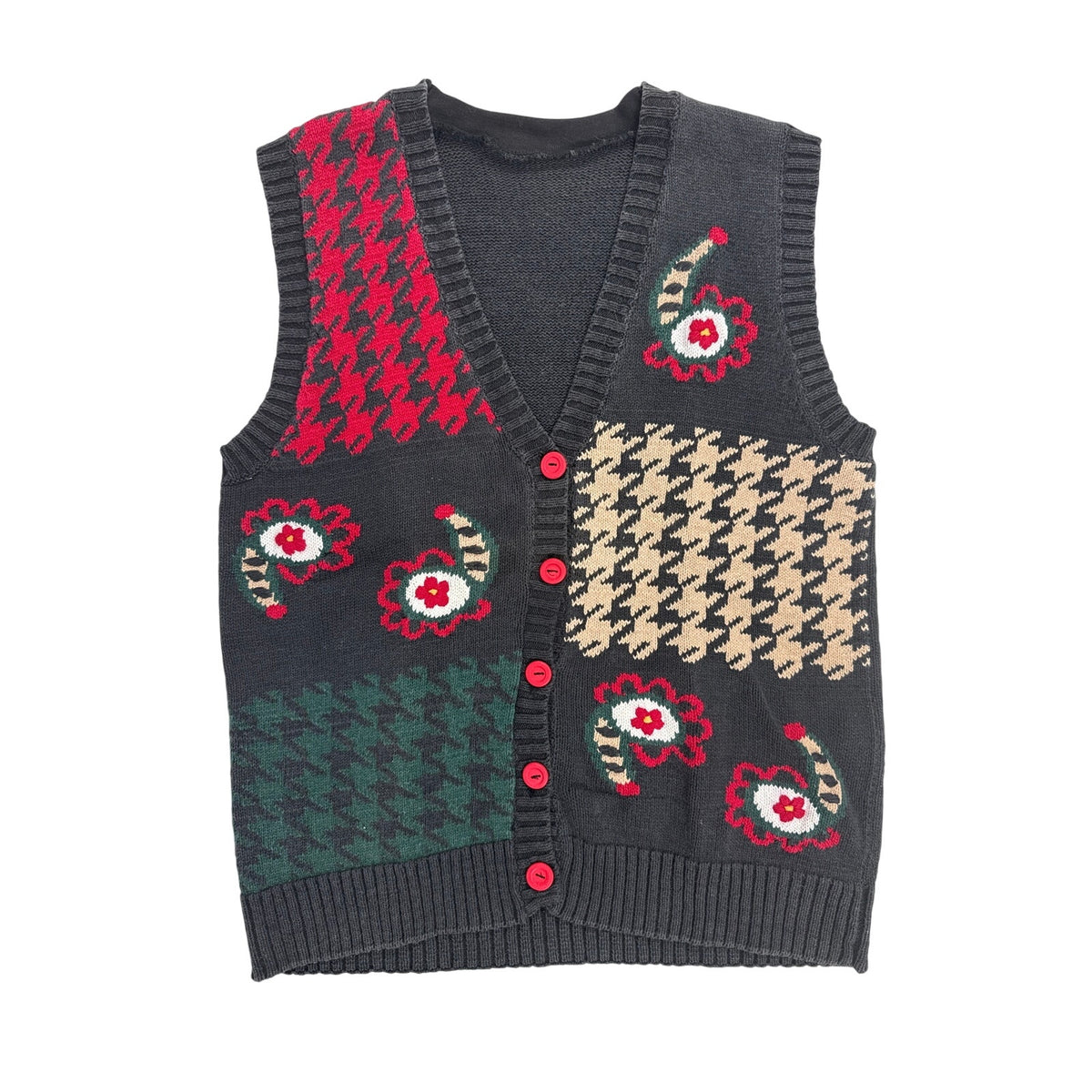 Vintage 90s Black Houndstooth Cornucopia Button Front Sweater Vest Women's Small