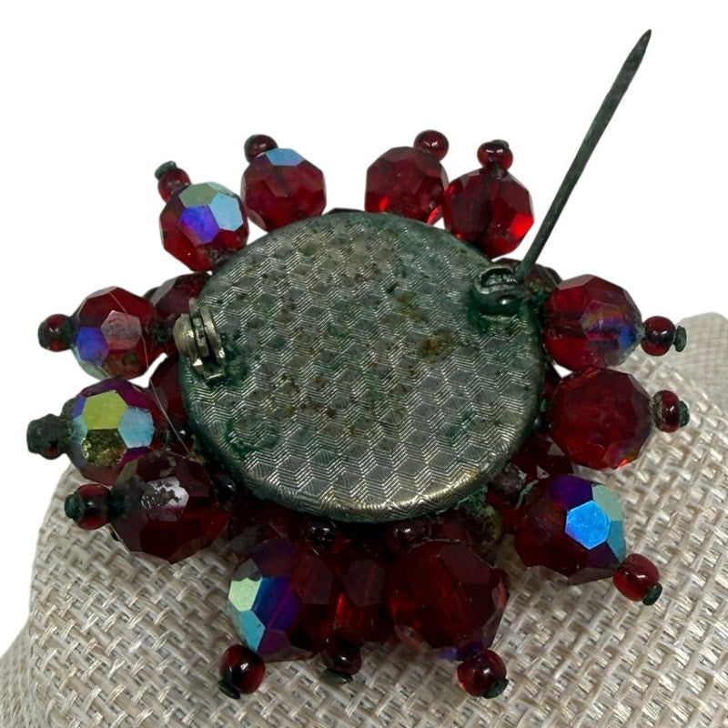 Vintage 1960s Ruby Red AB Glass Bead Cluster Brooch Pin 2.5”