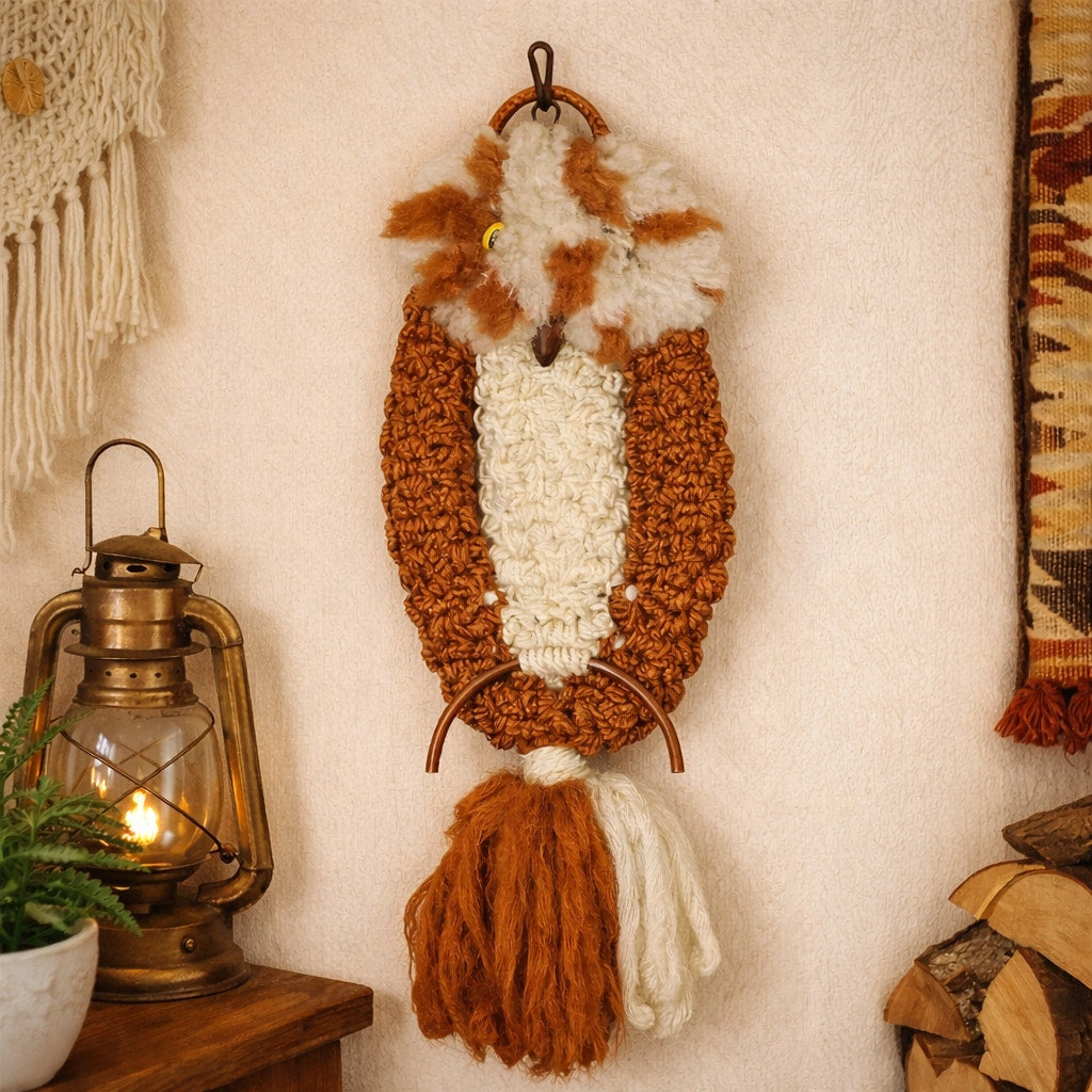Vintage 70s Macrame Owl Wall Hanging Cream Brown MCM 27"