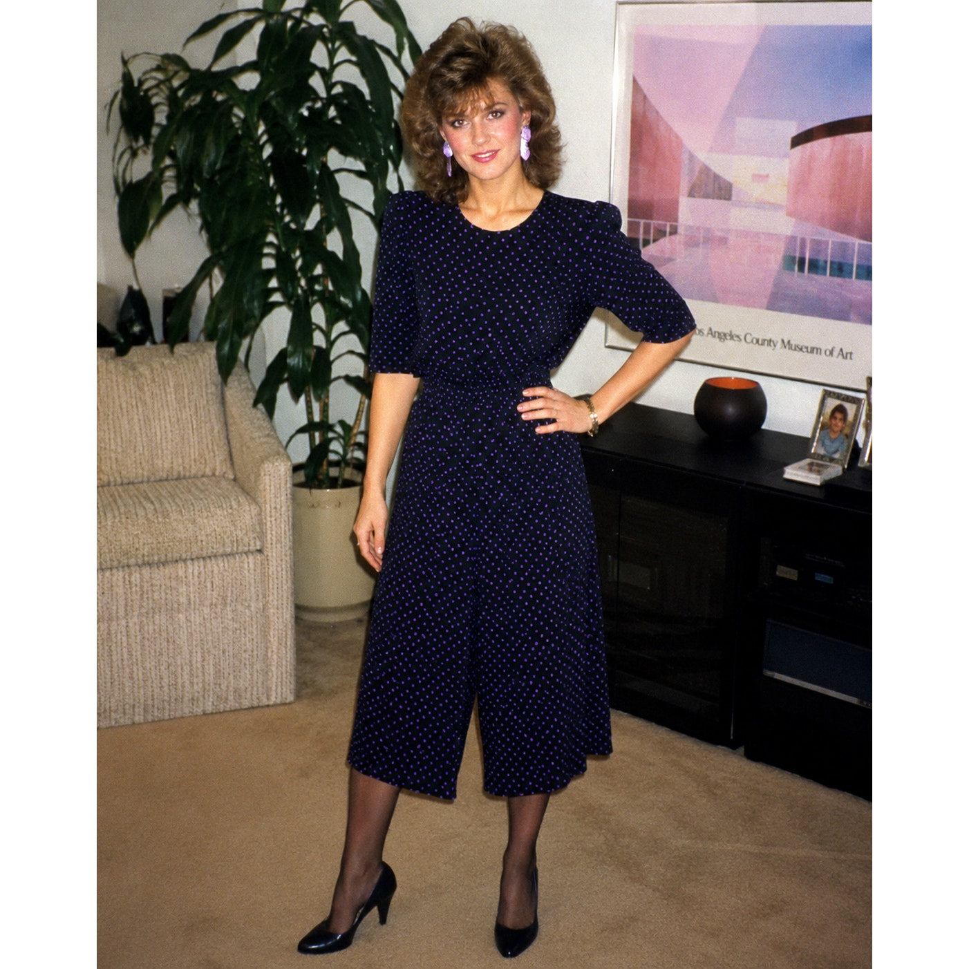 Vintage 80s Black Purple Polka Dot Split Skirt Jumpsuit Dress Women's 6P Tareti