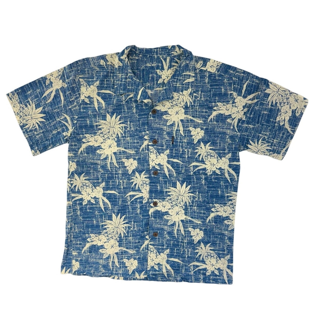 Vintage 90s Palmwave Hawaiian Shirt Blue Floral Cotton Camp Shirt Men's Large