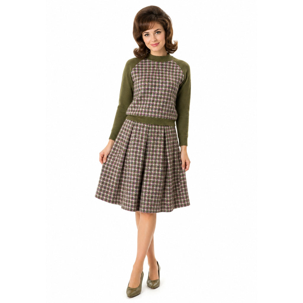 Vintage 60s Women's Medium Gays Gold Label Wool Knit Skirt Set Houndstooth