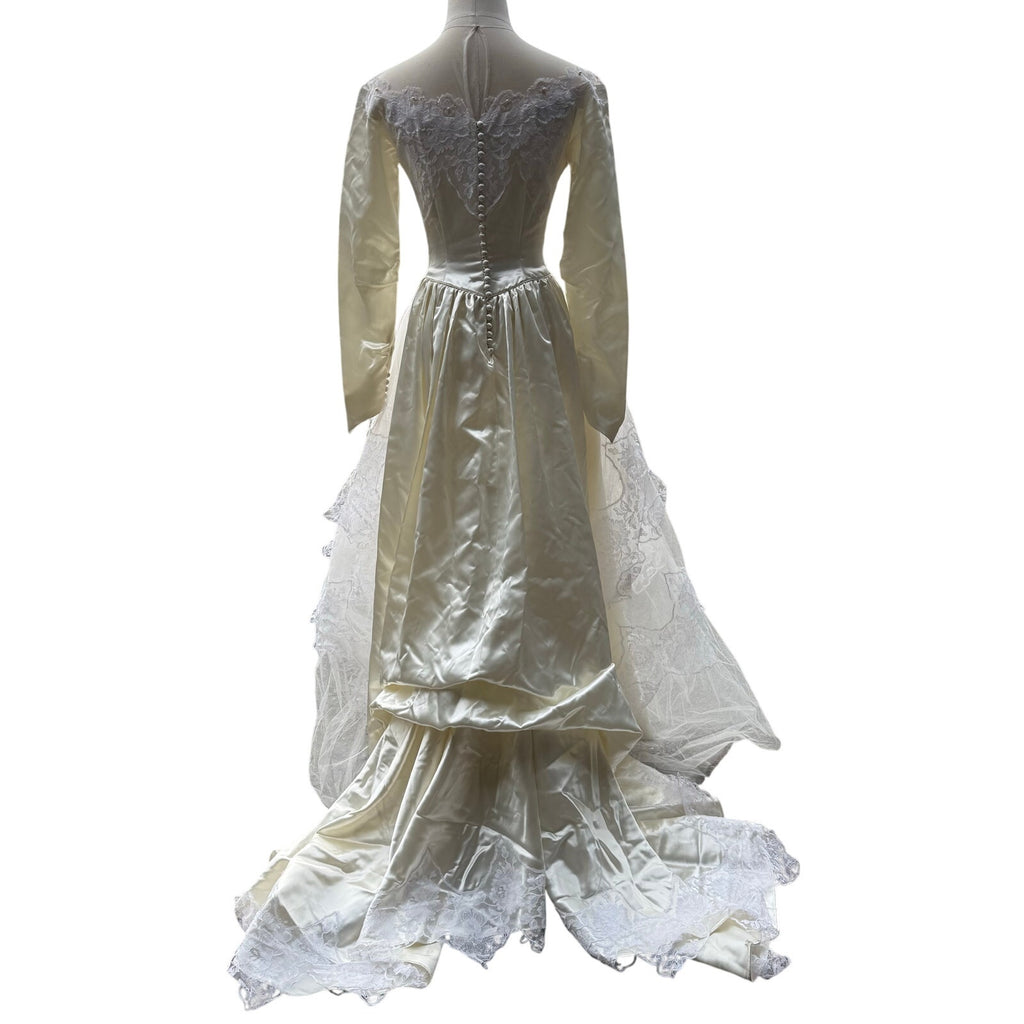 Vintage 50s Women's XS Wedding Dress Satin Lace and Chapel Train Sylvia Ann