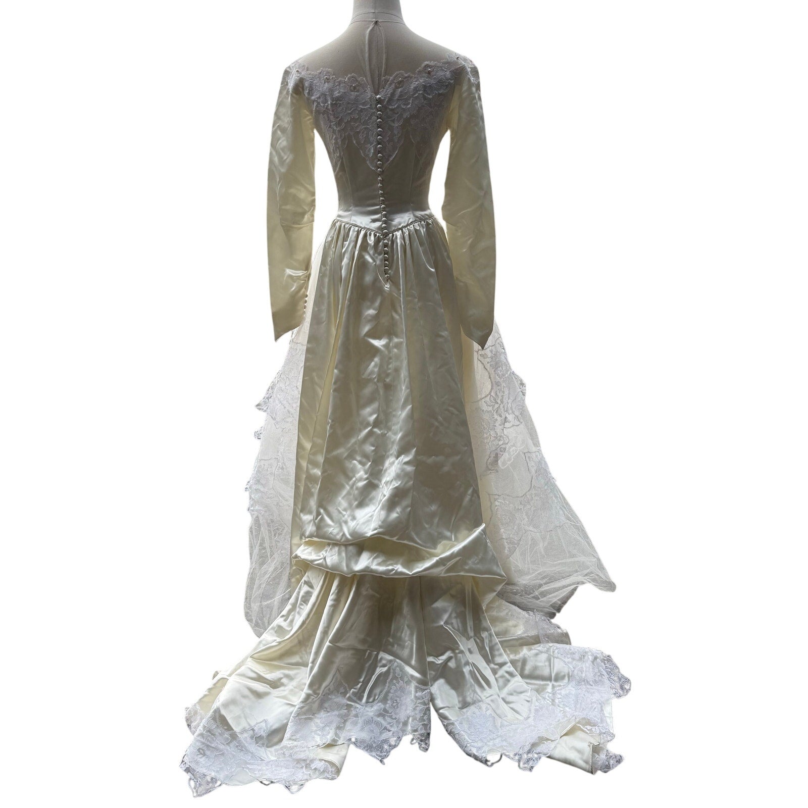 Vintage 50s Women's XS Wedding Dress Satin Lace and Chapel Train Sylvia Ann