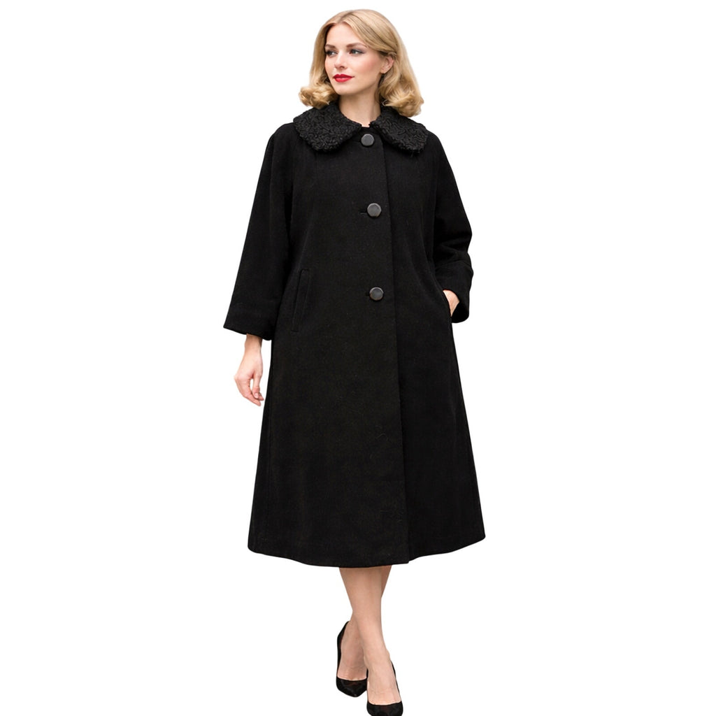 Vintage 1960s Black Cashmere Trench Coat Women's Medium Persian Lamb Collar