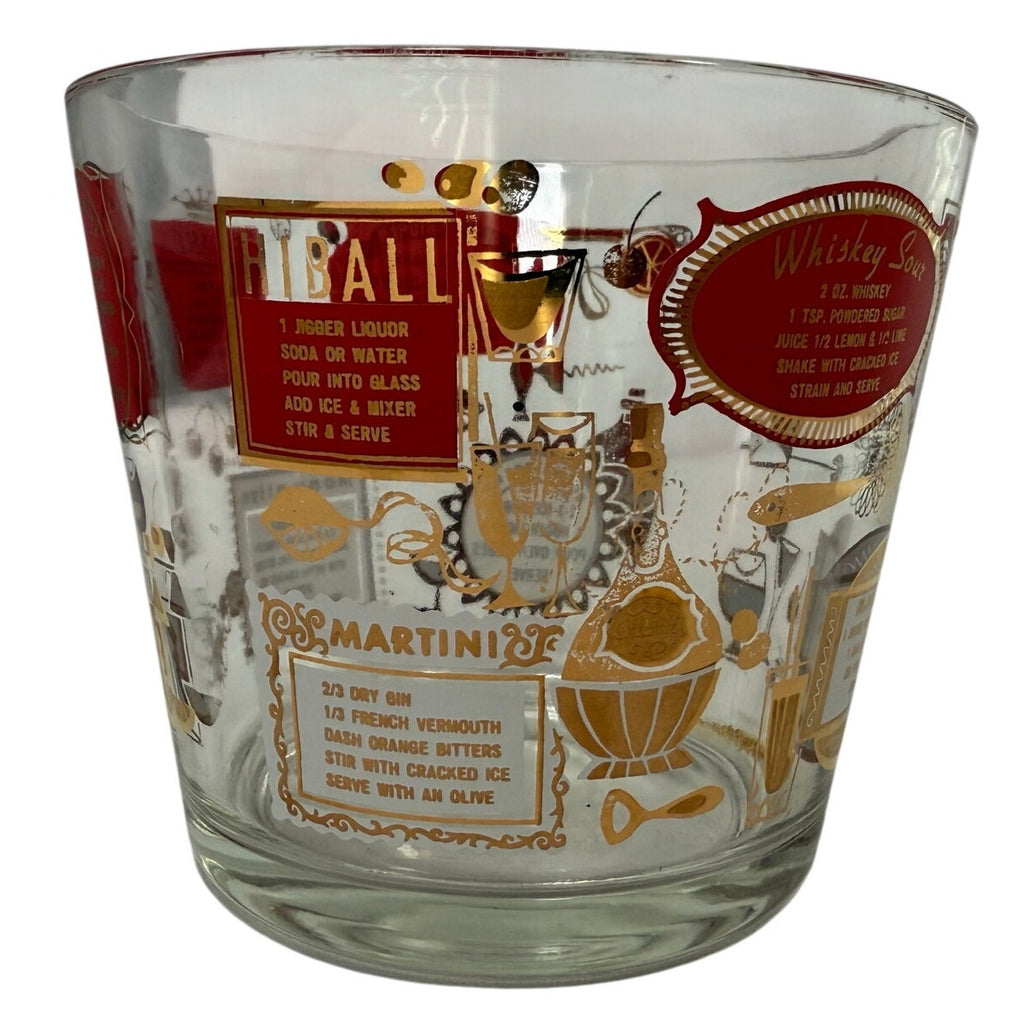 Vintage Jeannette Cocktail Ice Bucket 6” Barware Red & Gold Mid-Century Style