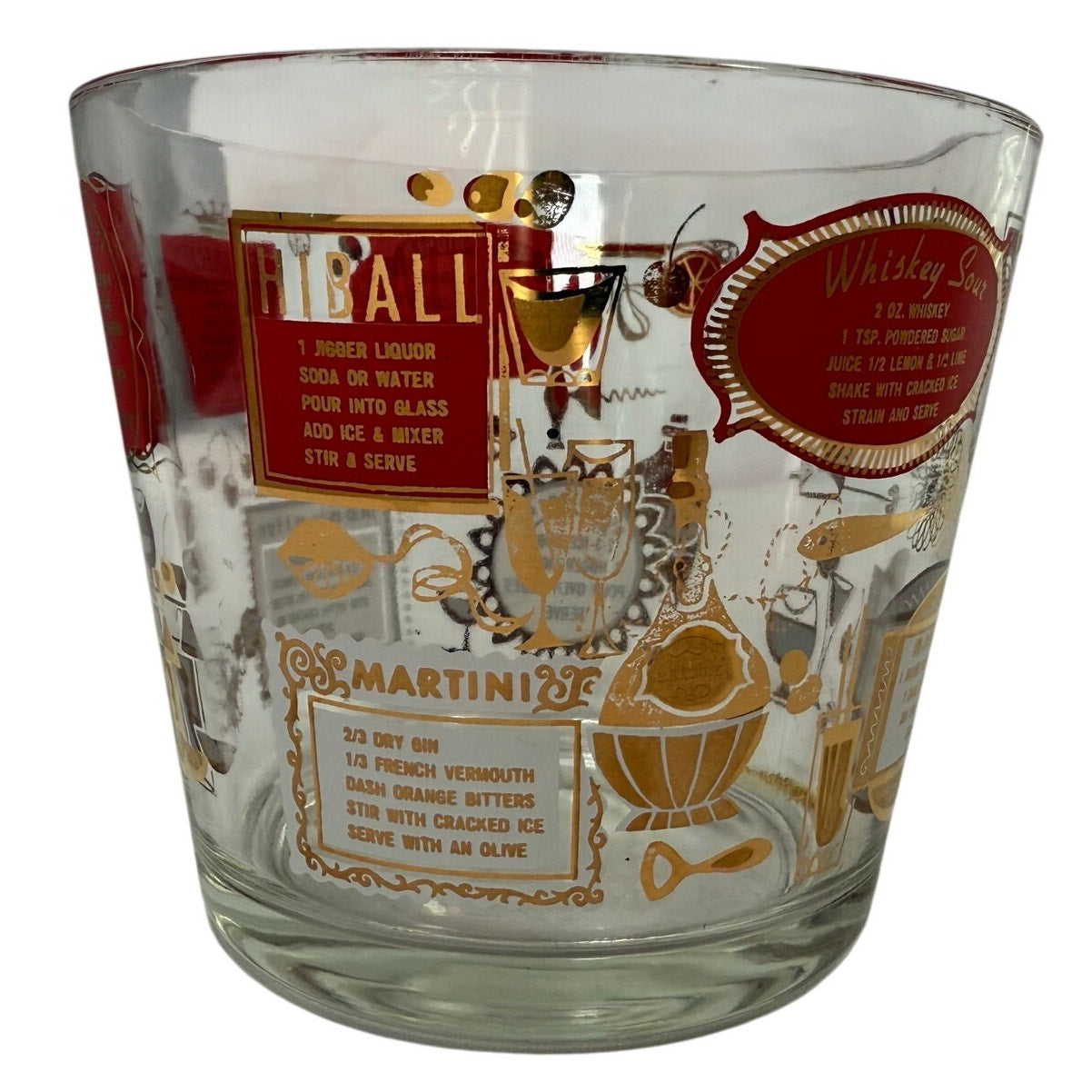 Vintage Jeannette Cocktail Ice Bucket 6” Barware Red & Gold Mid-Century Style