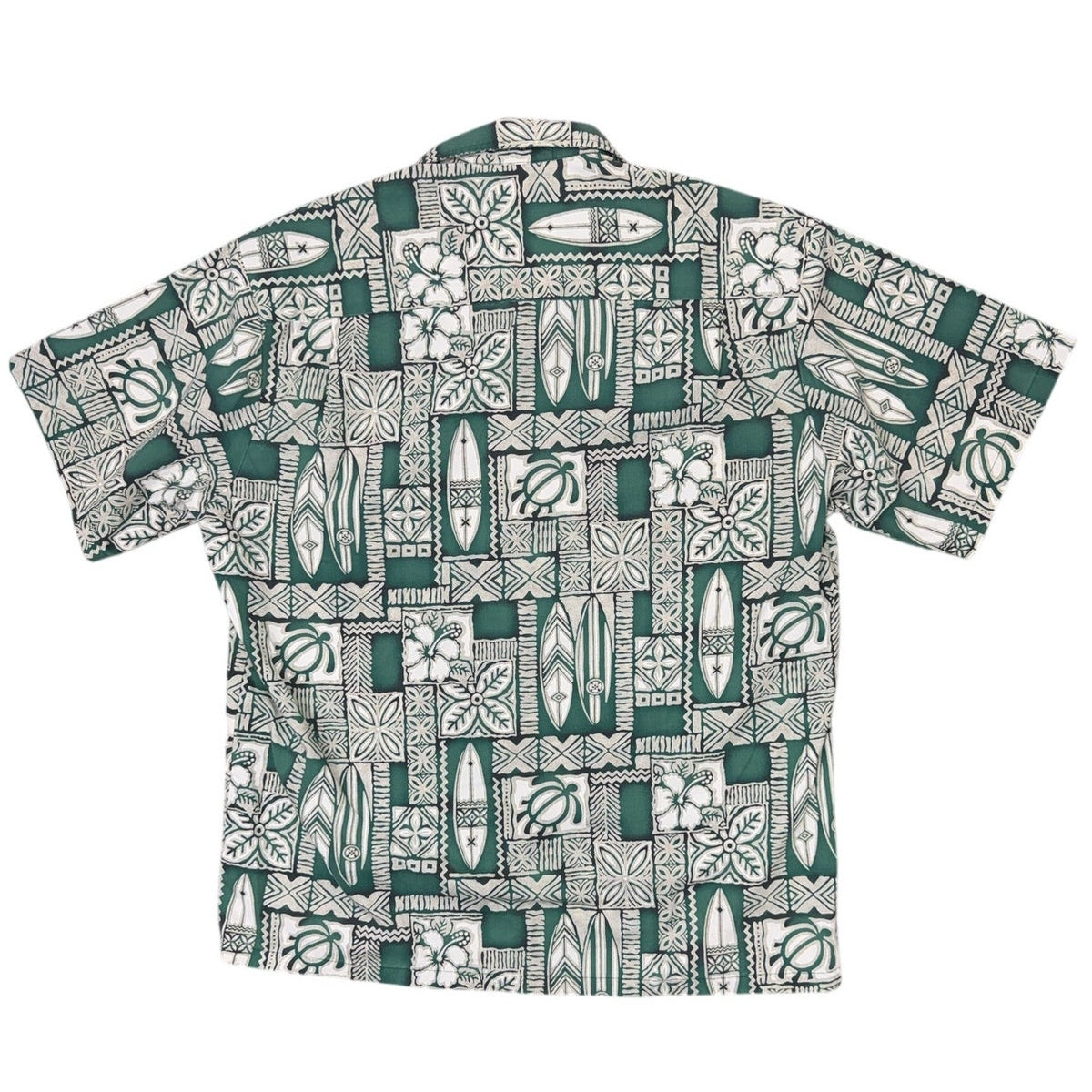 Vintage 80s Men's XL Hawaiian Shirt Green White Surfboard Turtle Print