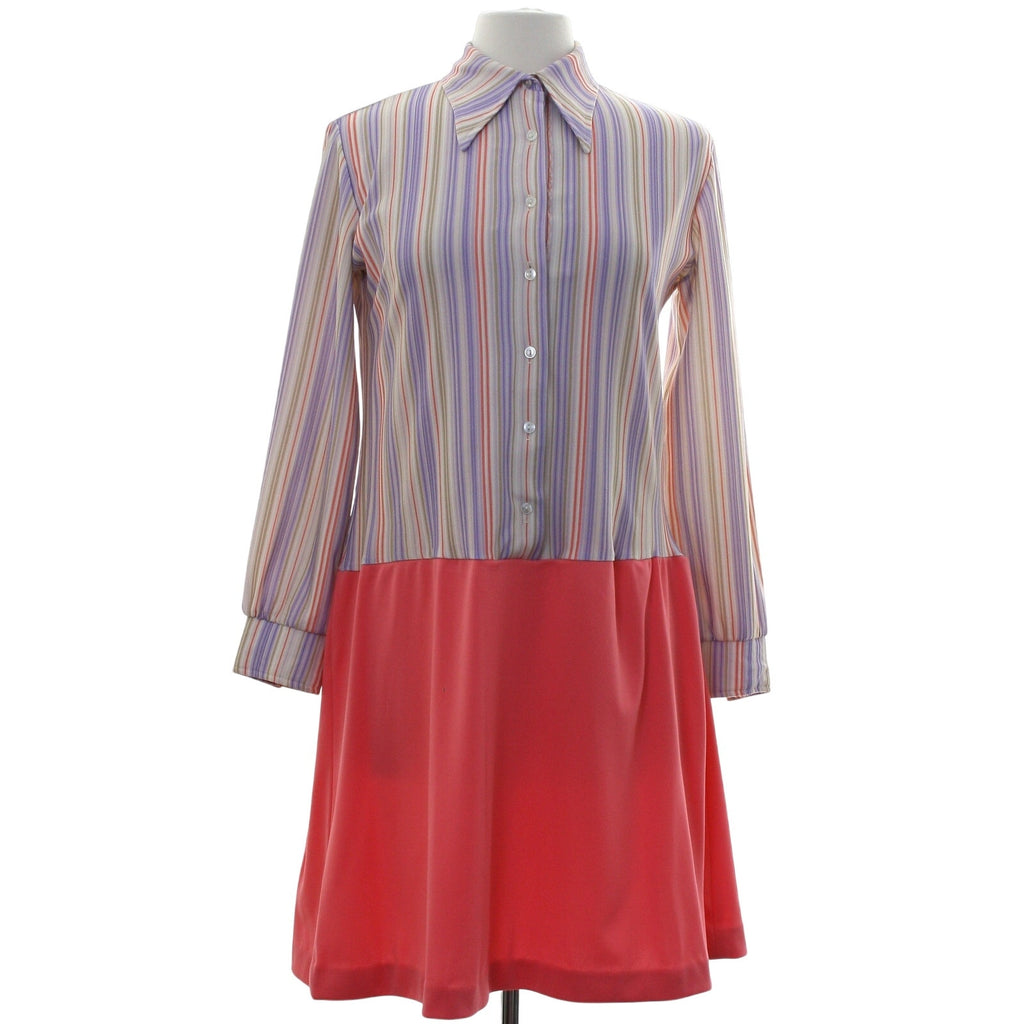Vintage 70s Stripe Shirtwaist Mini Dress Peach Lavender Mod Polyester Women's M