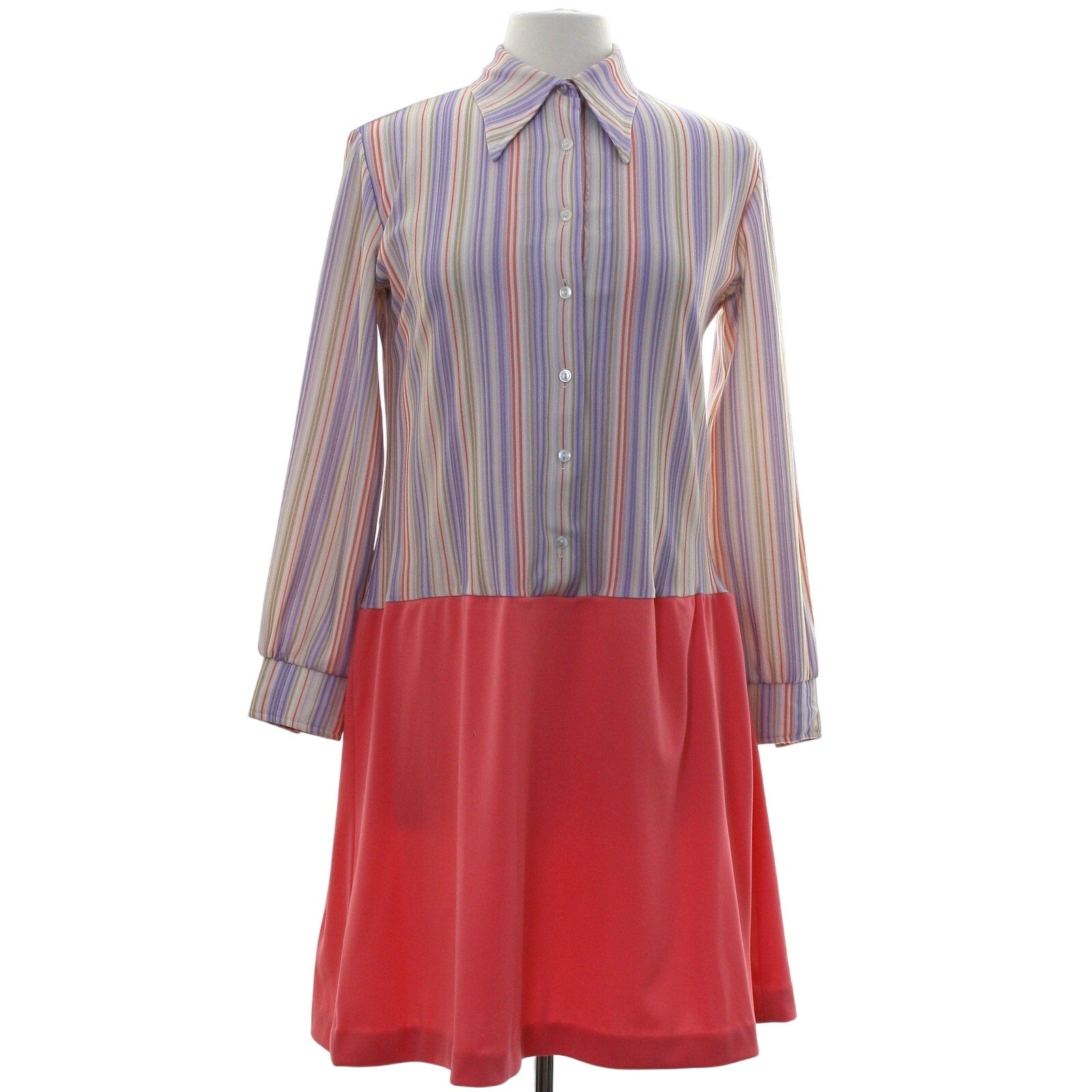 Vintage 70s Stripe Shirtwaist Mini Dress Peach Lavender Mod Polyester Women's M