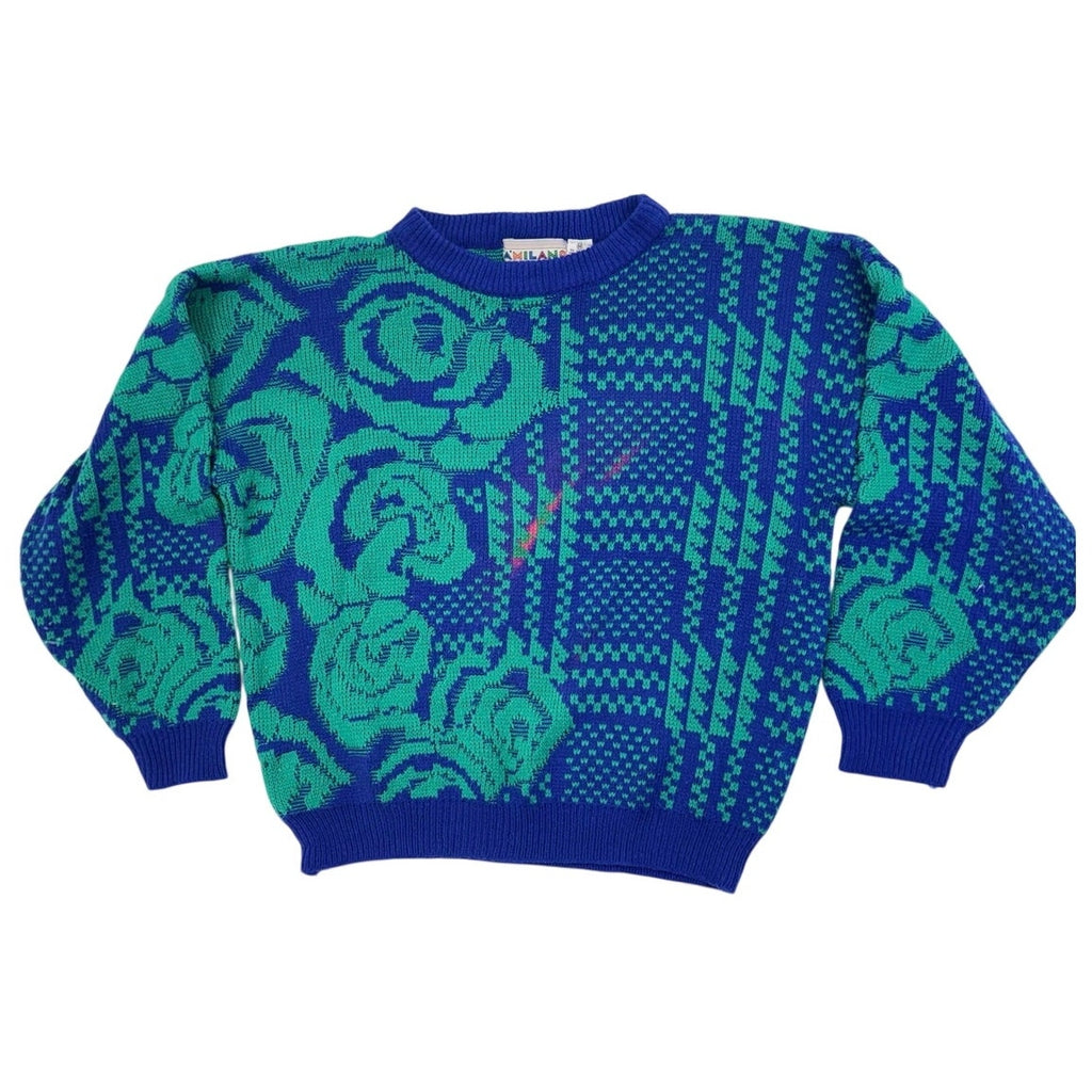 Vintage 80s A'Milano Blue Green Floral Geometric Acrylic Sweater Women's Medium