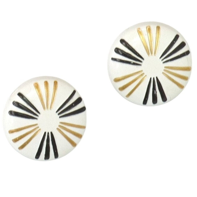 Vintage 60s Mod Clip On Earrings White Gold Black Geometric 1”