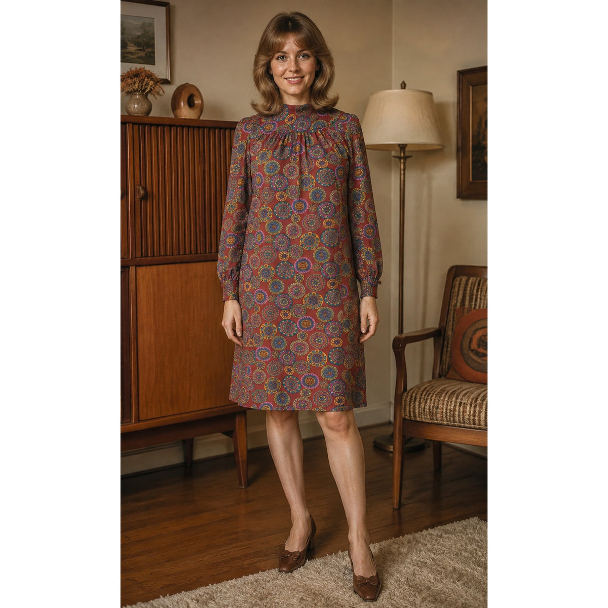 Vintage 1970s Psychedelic Circle Print Long Sleeve Dress Women's Small
